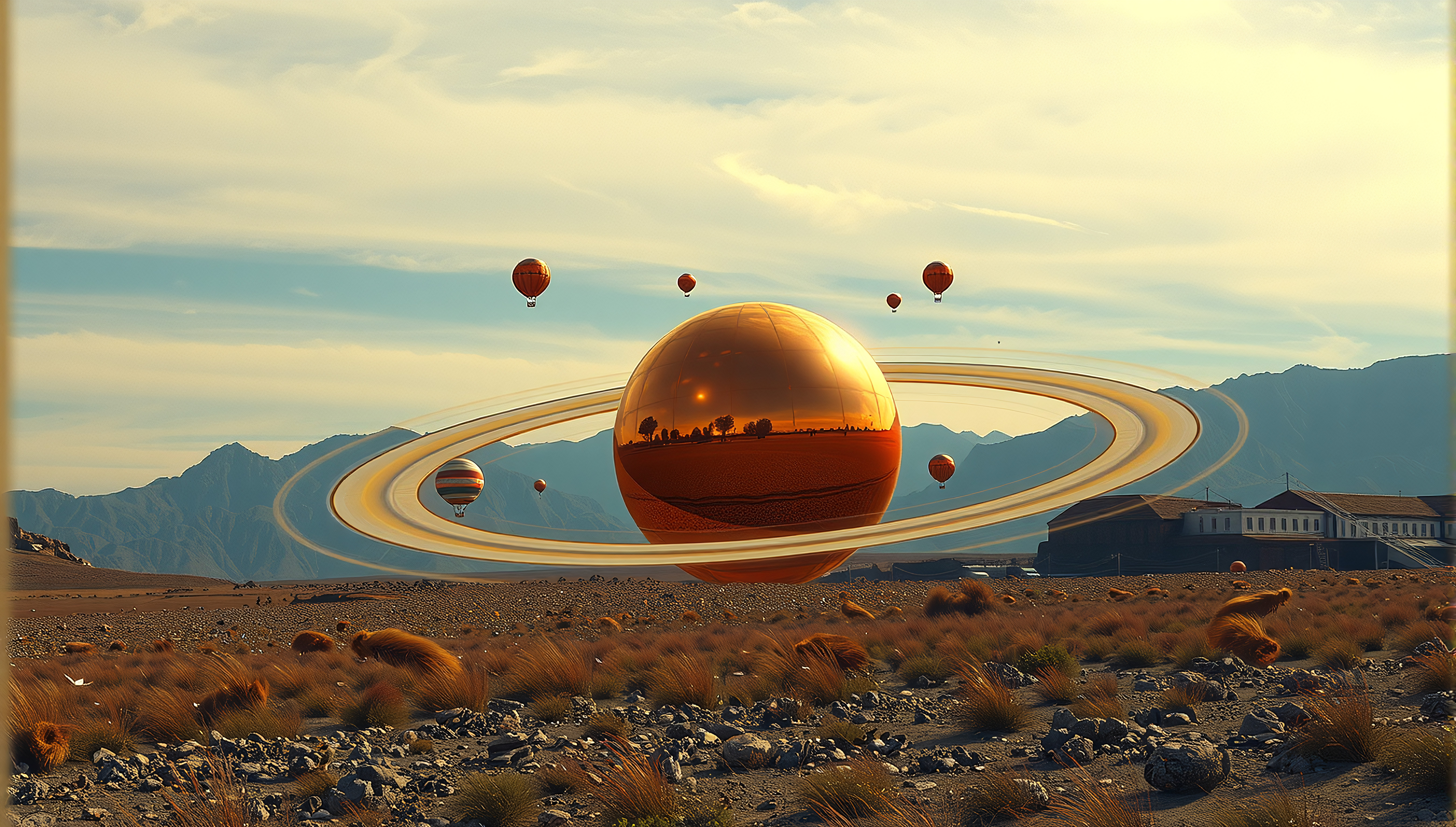 Surreal desert landscape with golden ringed planet, hot air balloons, and mountains