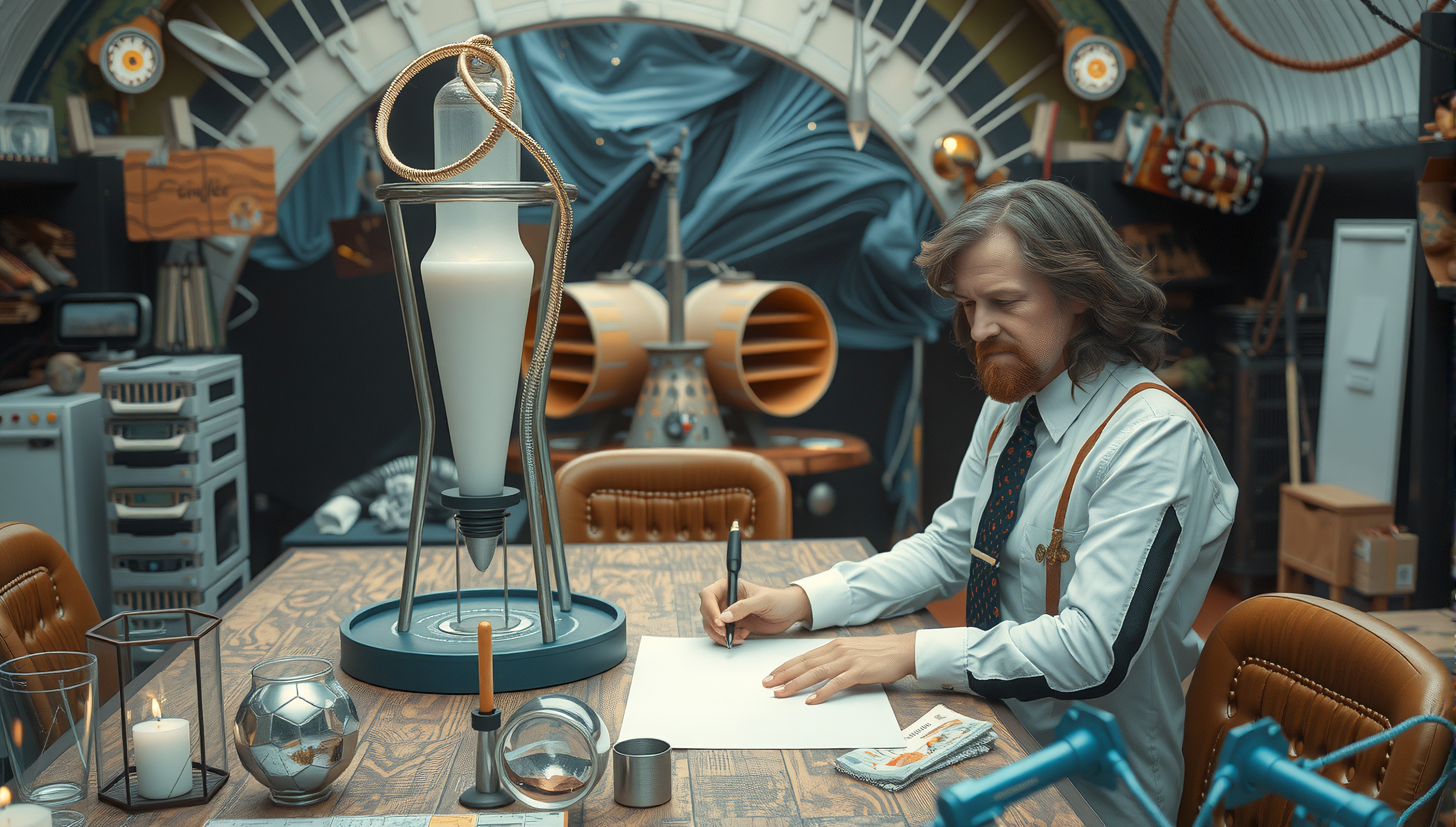 A bearded man writes at a wooden table in a futuristic laboratory setting, surrounded by eclectic scientific instruments and decor.