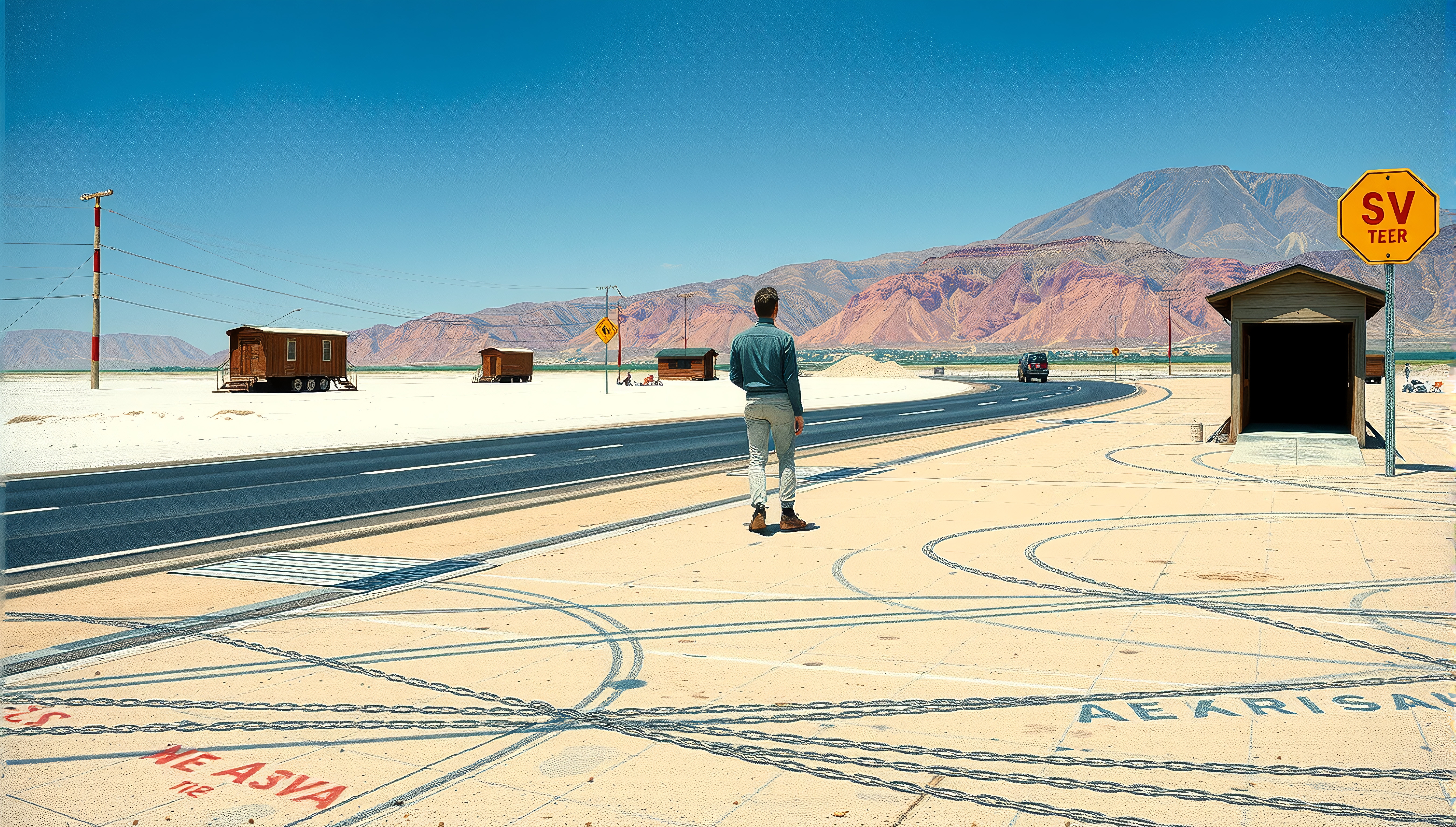 Man standing in desert landscape with wooden houses and mountains.