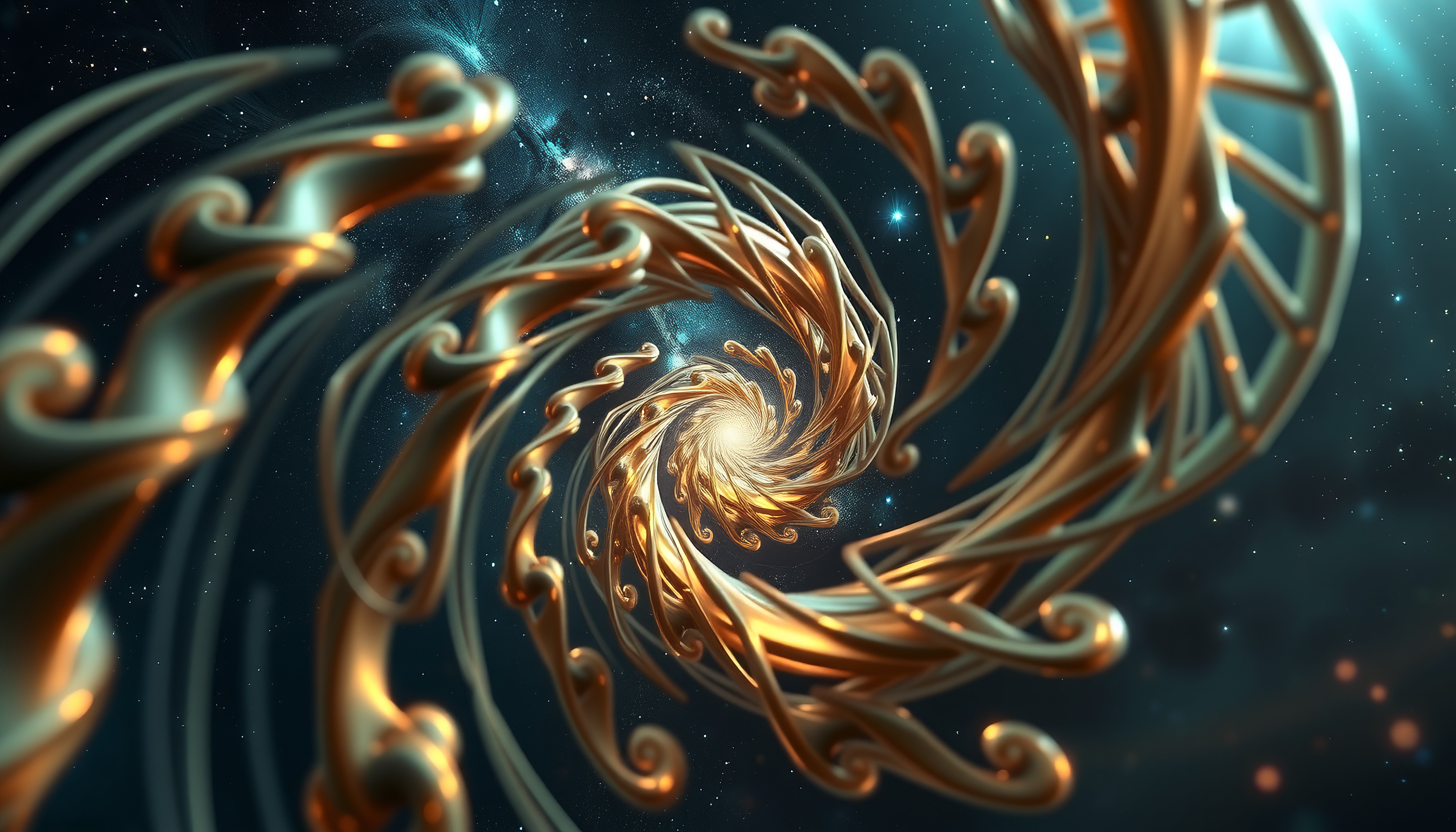 Image of a golden spiral structure set against a starry night sky, conveying an ethereal cosmic scene.