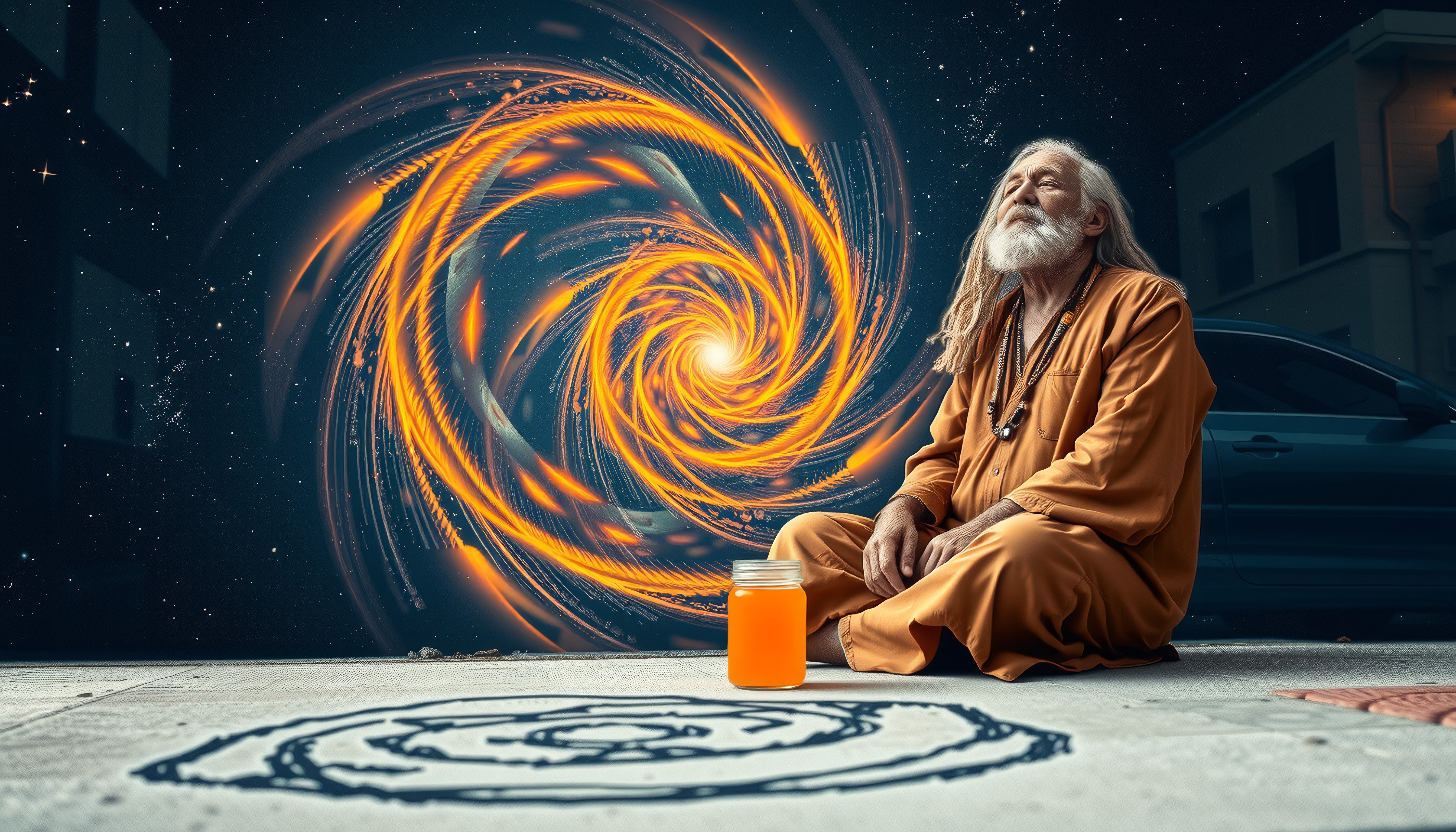 Elderly man meditates with cosmic vortex background.