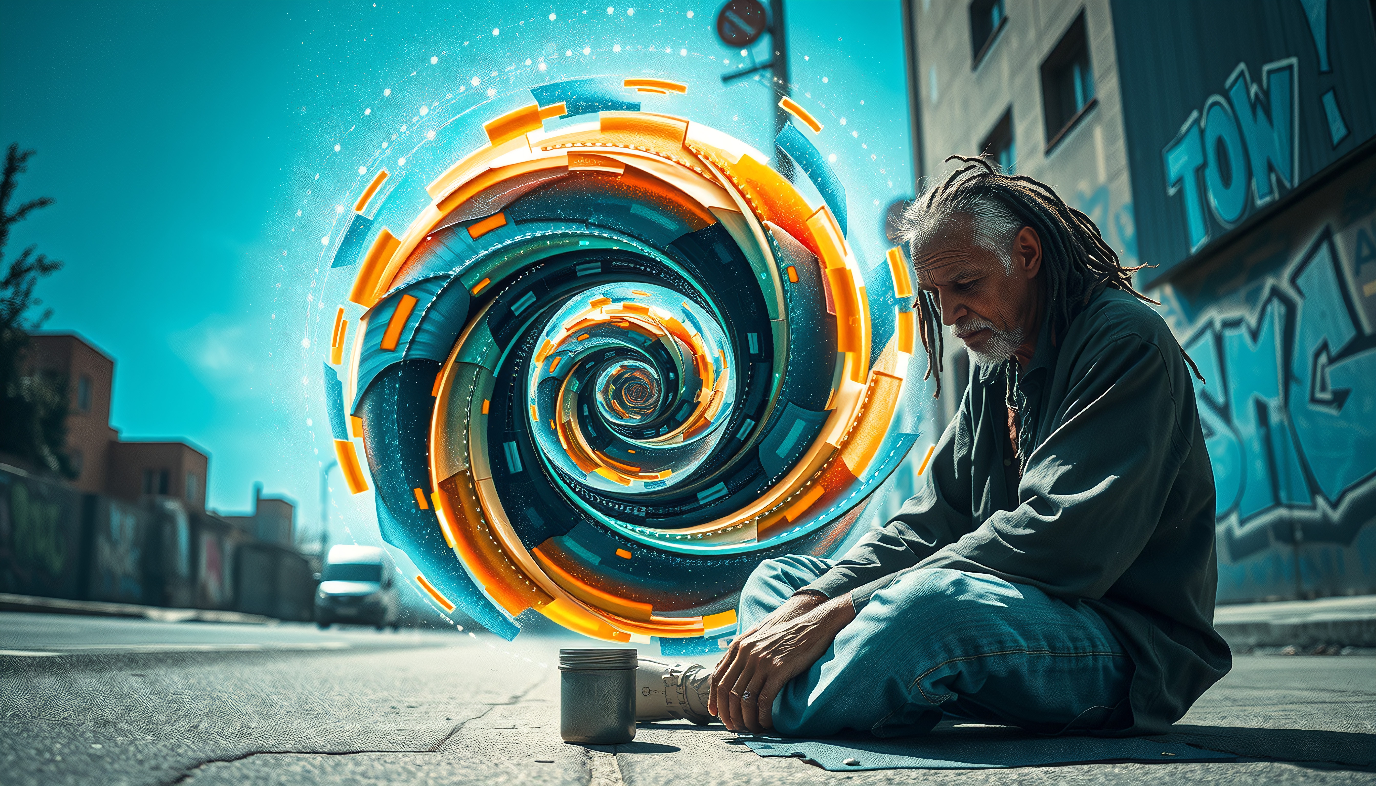 A contemplative man beside a vibrant, swirling vortex in an urban setting.
