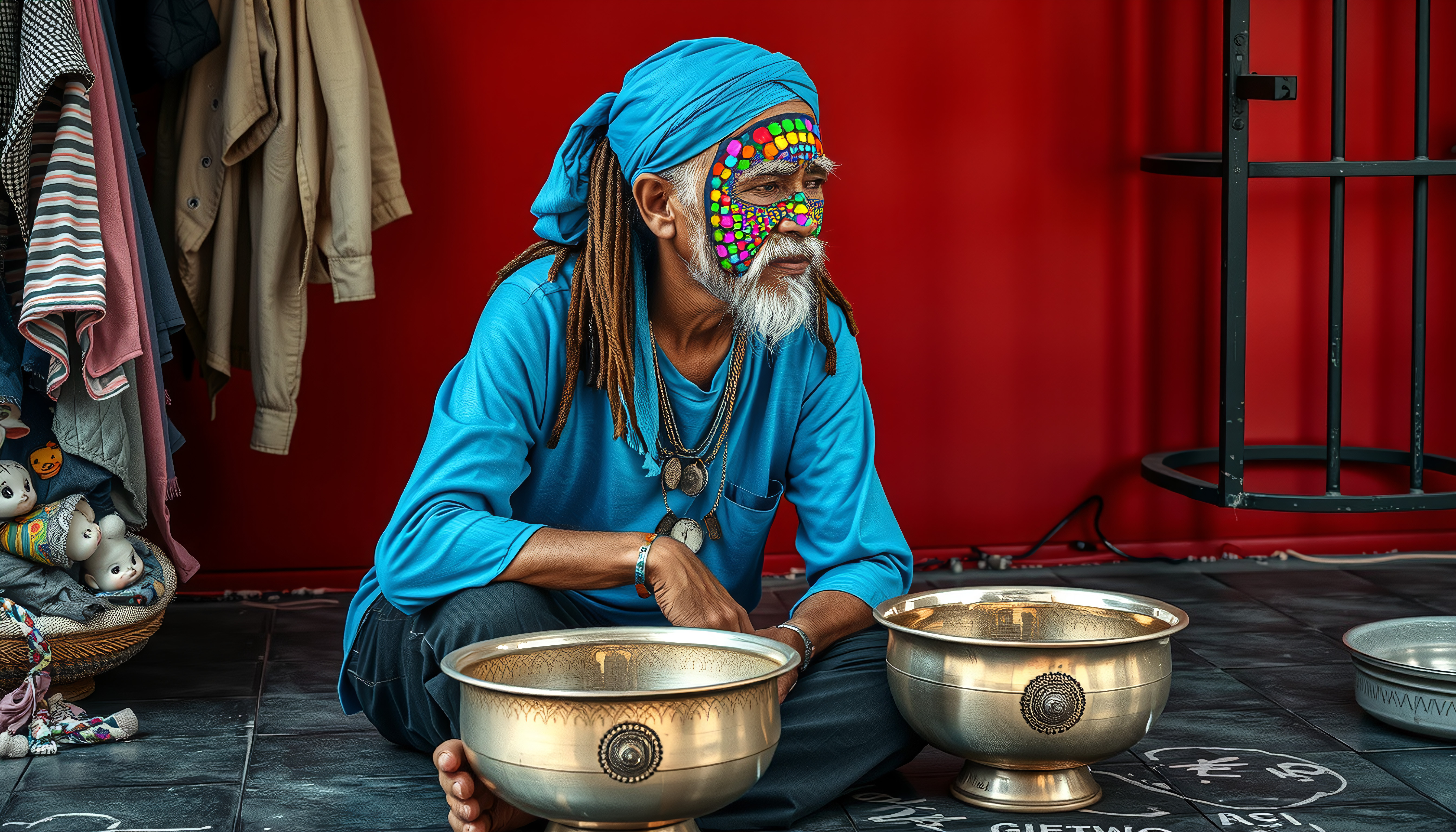 Portrait of a decorated man seated with traditional metal bowls,