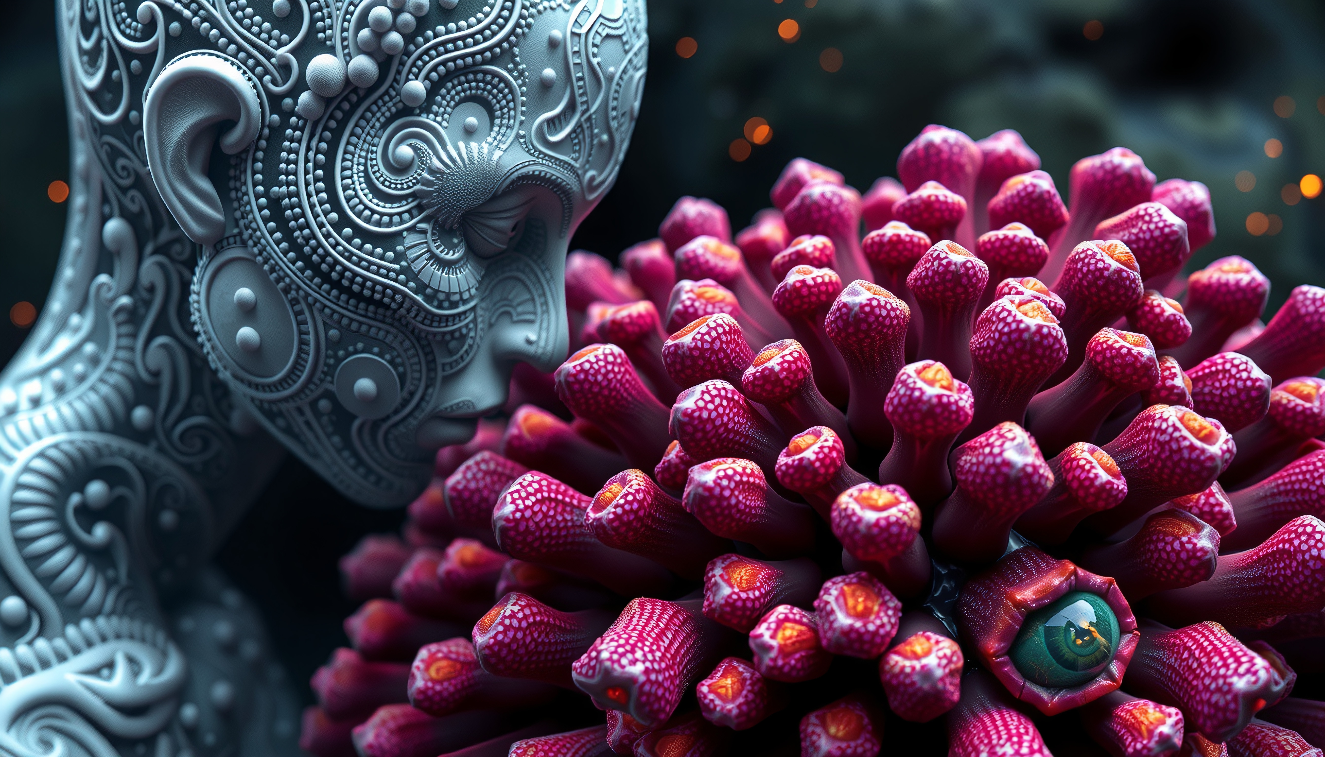 Detailed humanoid with swirling patterns near radiant alien flower with central eye.