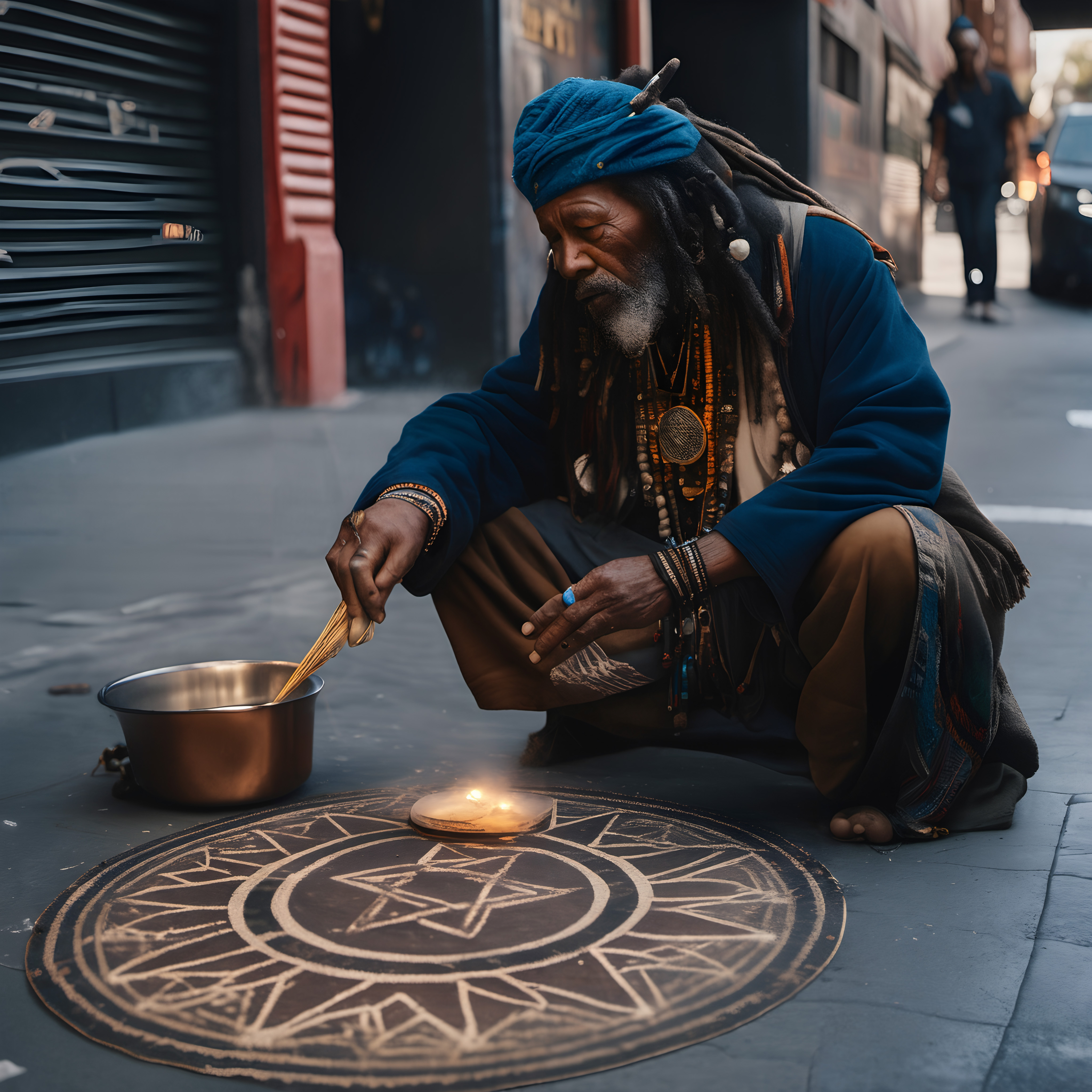 Street mystic with dreadlocks and beads performing ritual on chalked circle with candle and metal bowl