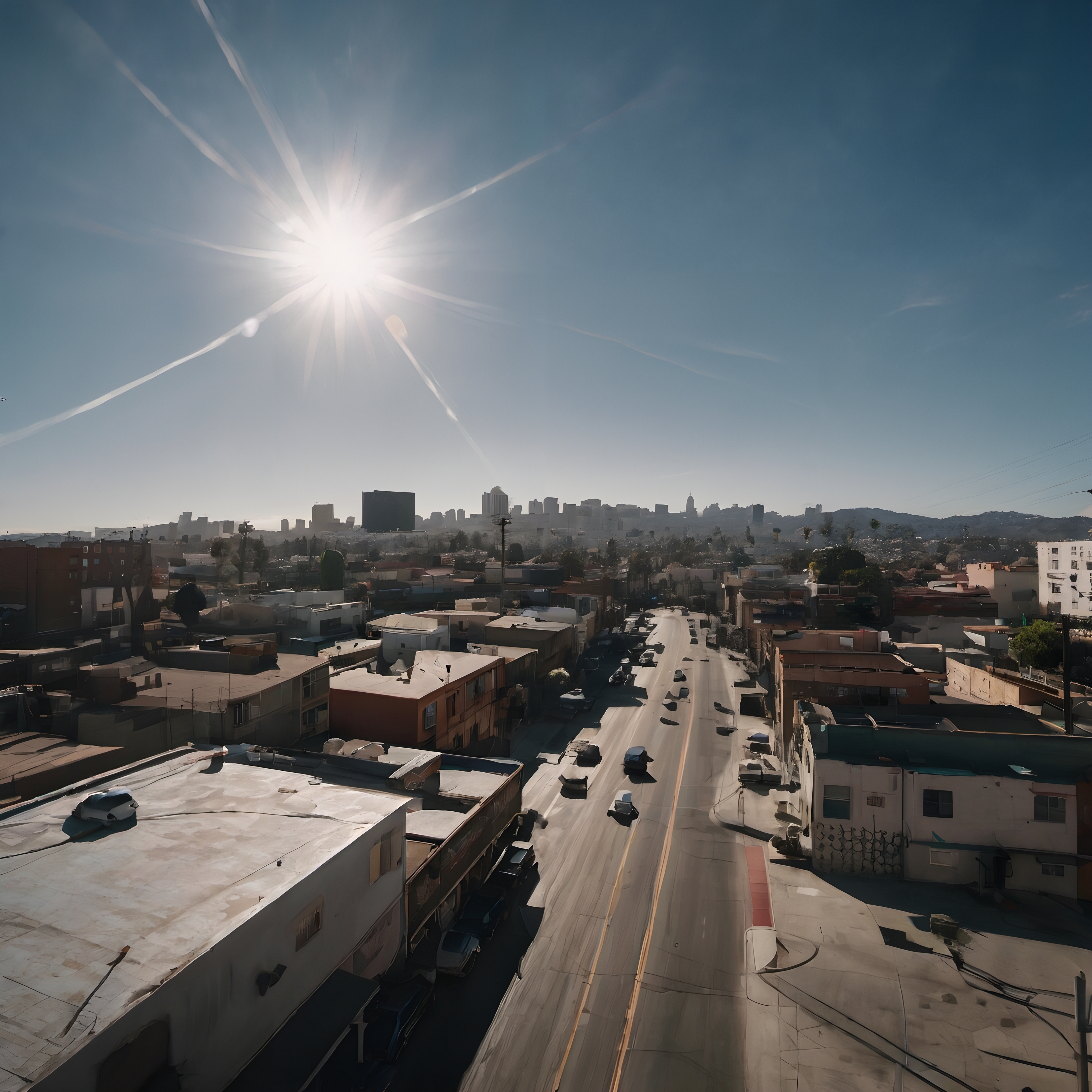 Vibrant cityscape with sunlit skyline and busy street.