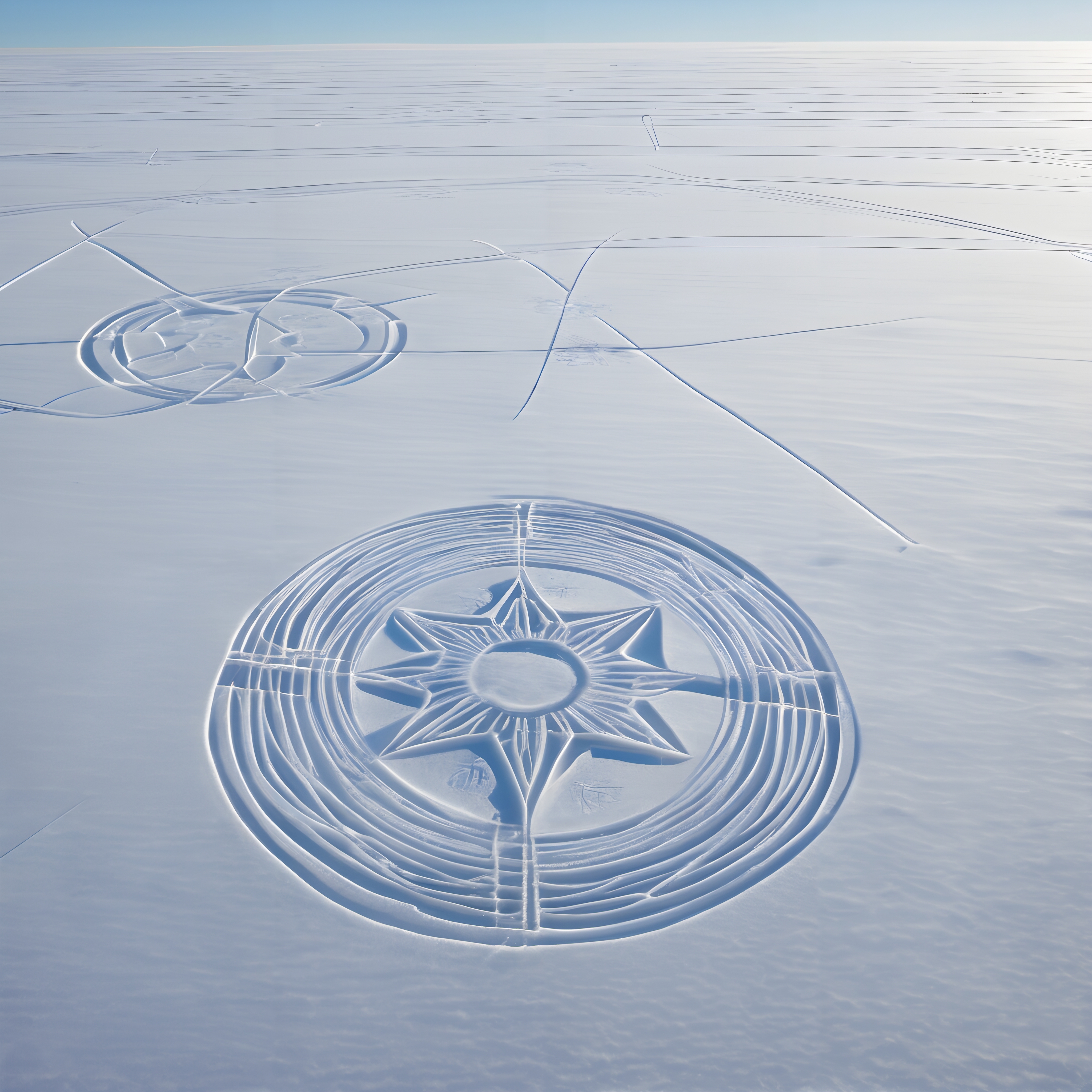 An aerial view of intricate geometric patterns carved in a vast snowy field, with a serene horizon.