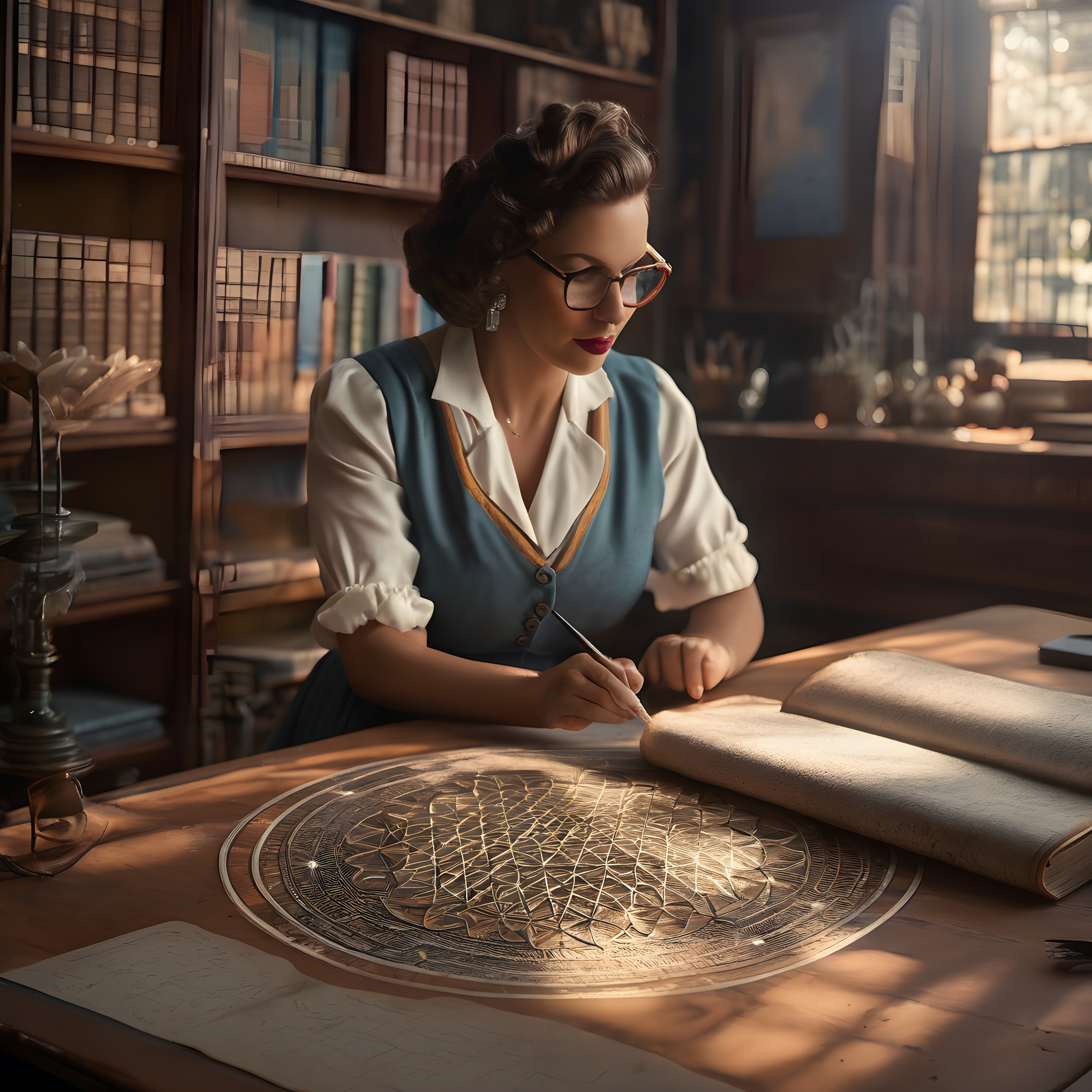 Vintage Scholar Creating Illuminated Manuscript in Sunlit Librar