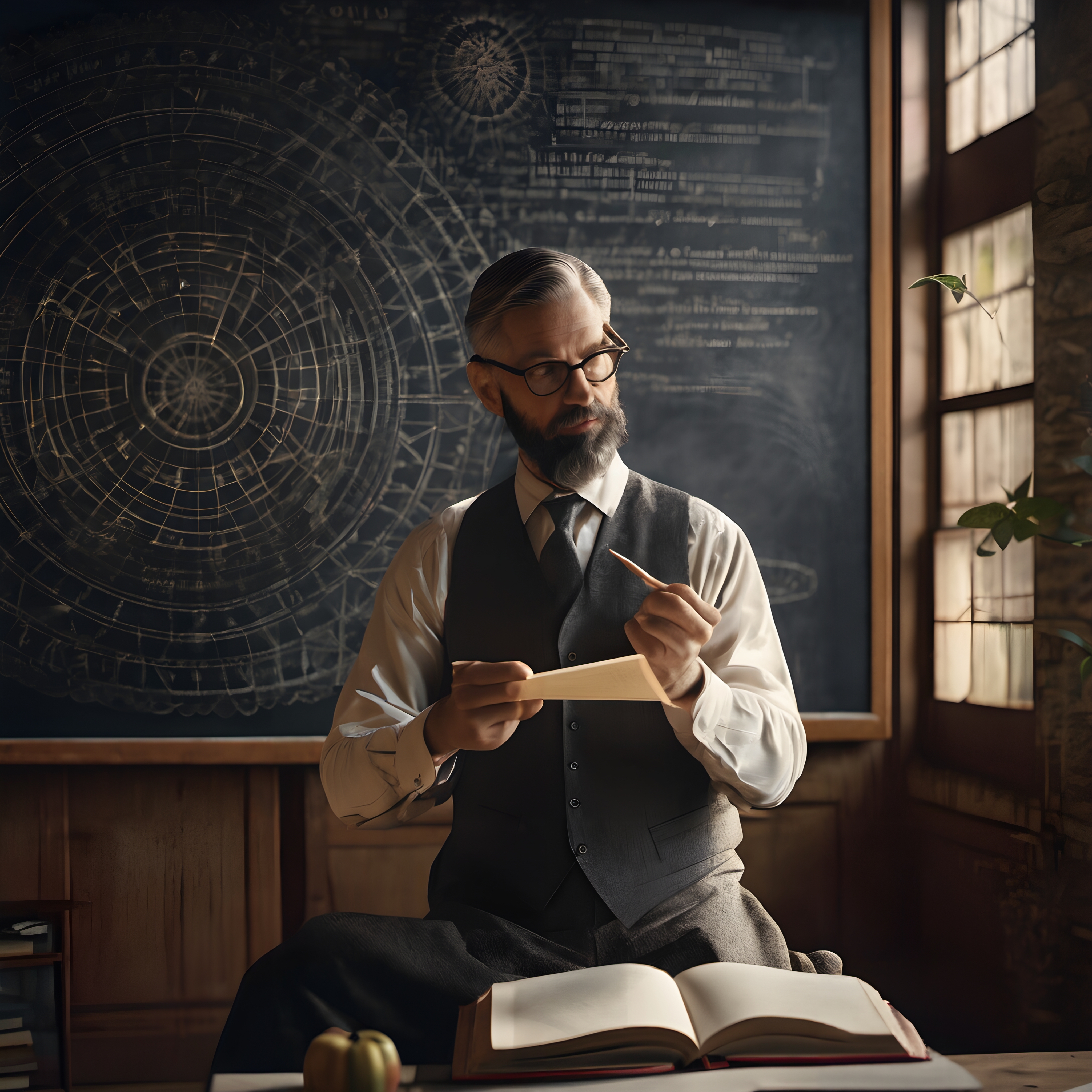 Academic scholar holding paper and pencil, gazing thoughtfully at chalkboard filled with scientific formulas.