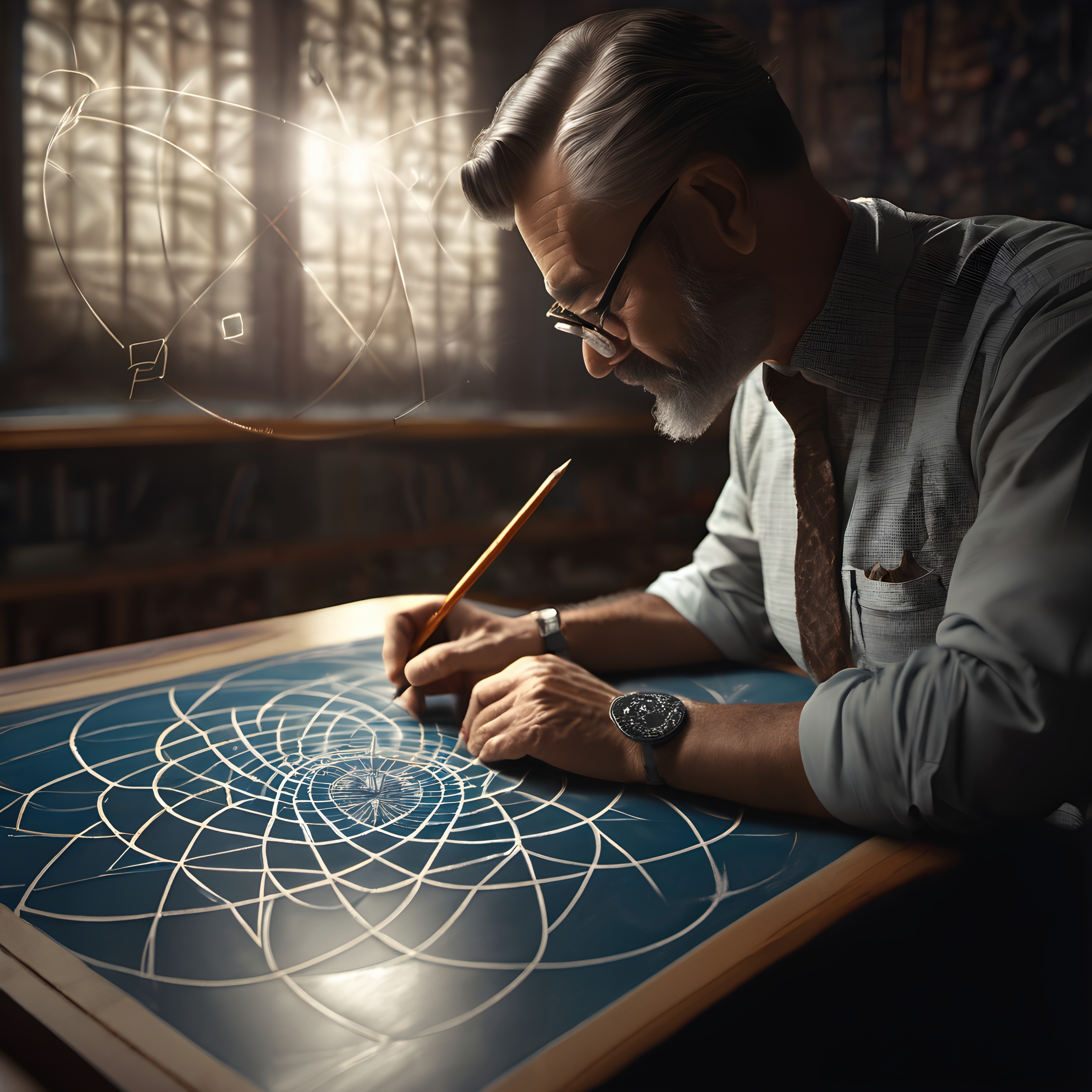 A man intently draws geometric patterns on a table, bathed in soft light.
