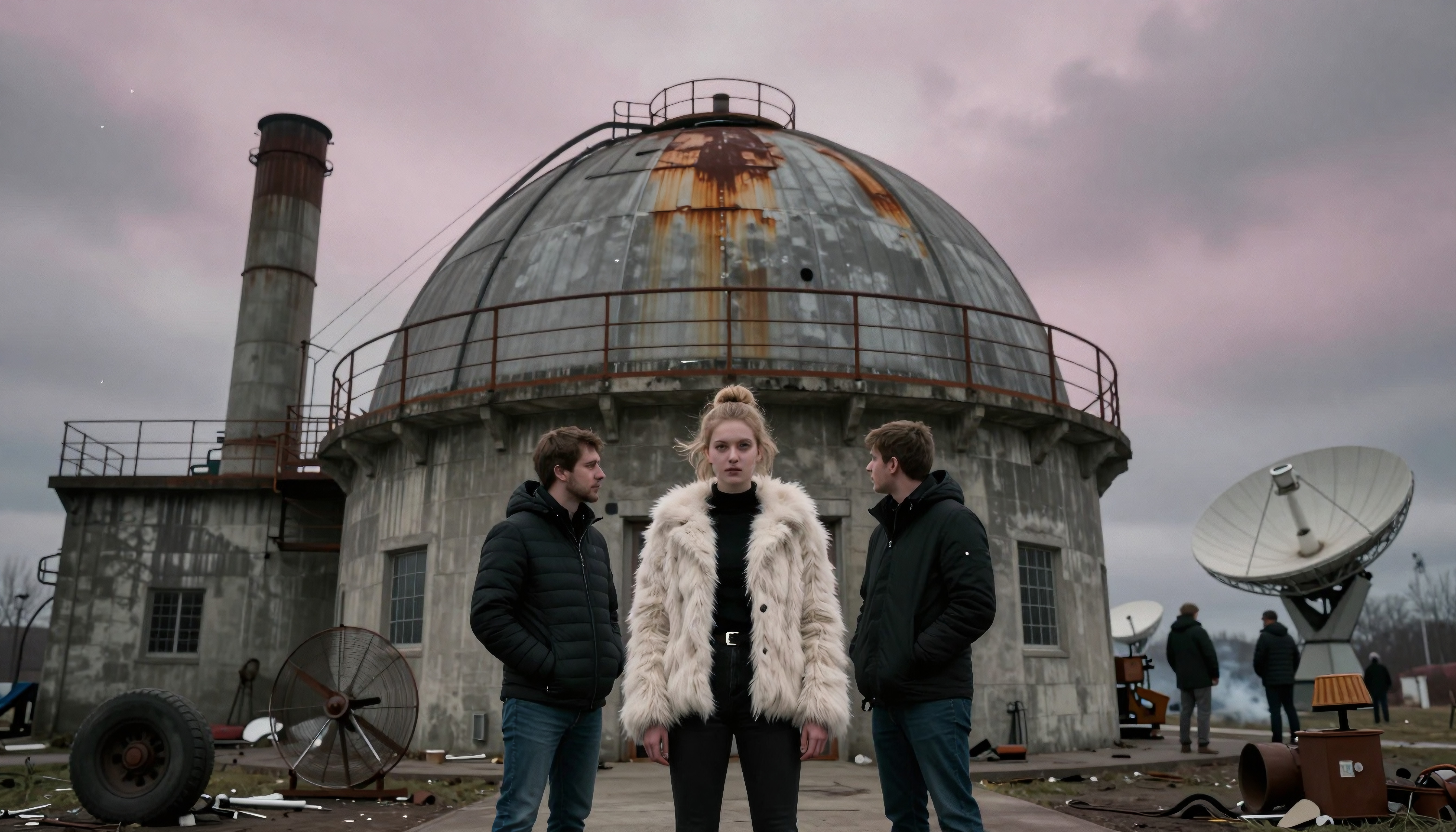 Three people in front of a weathered observatory dome with indus
