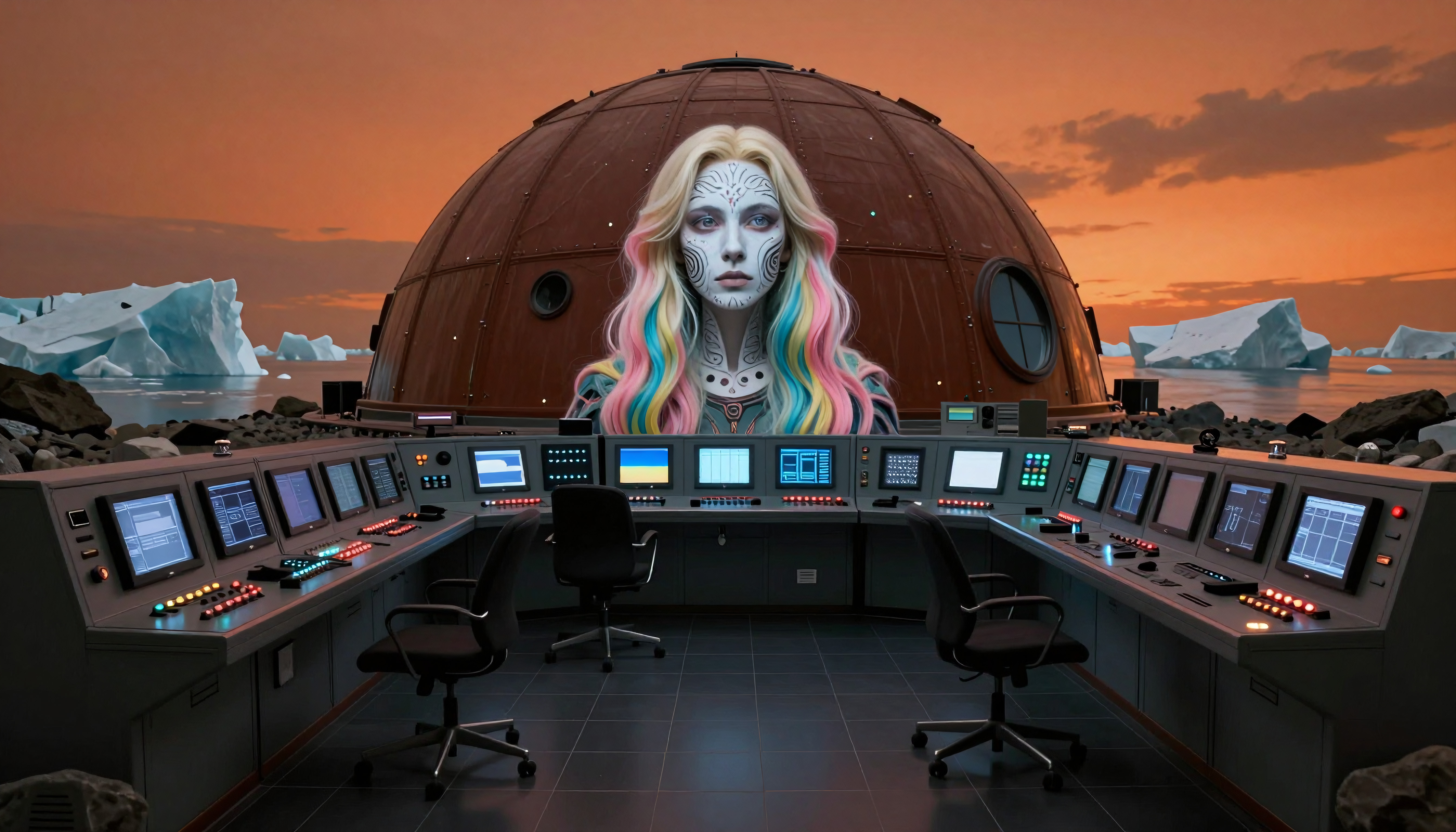 Futuristic Control Room with Dome Structure Amidst Ice Landscape
