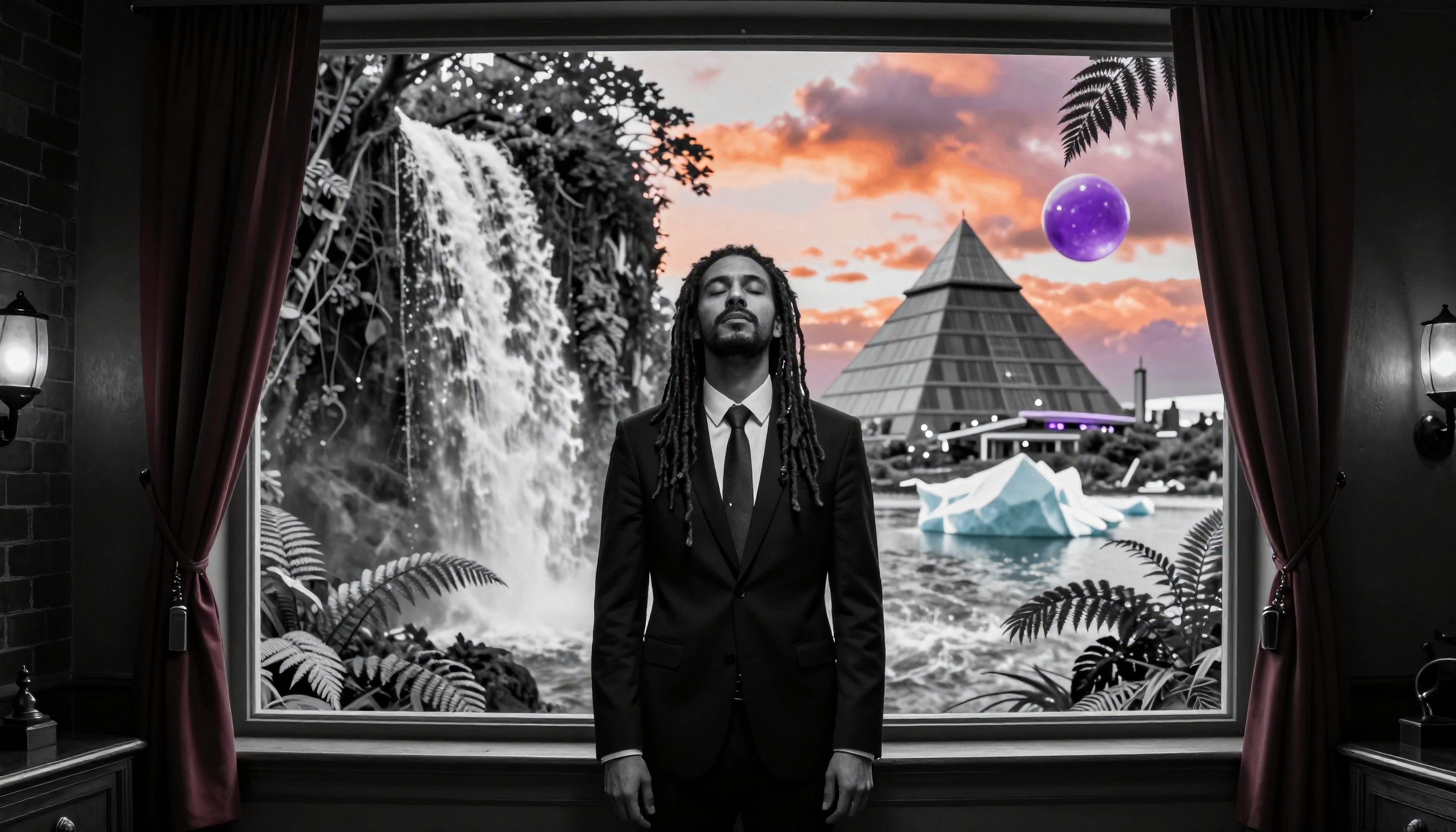 A man stands in a suit with a surreal view of a waterfall, pyramid, and iceberg outside the window.