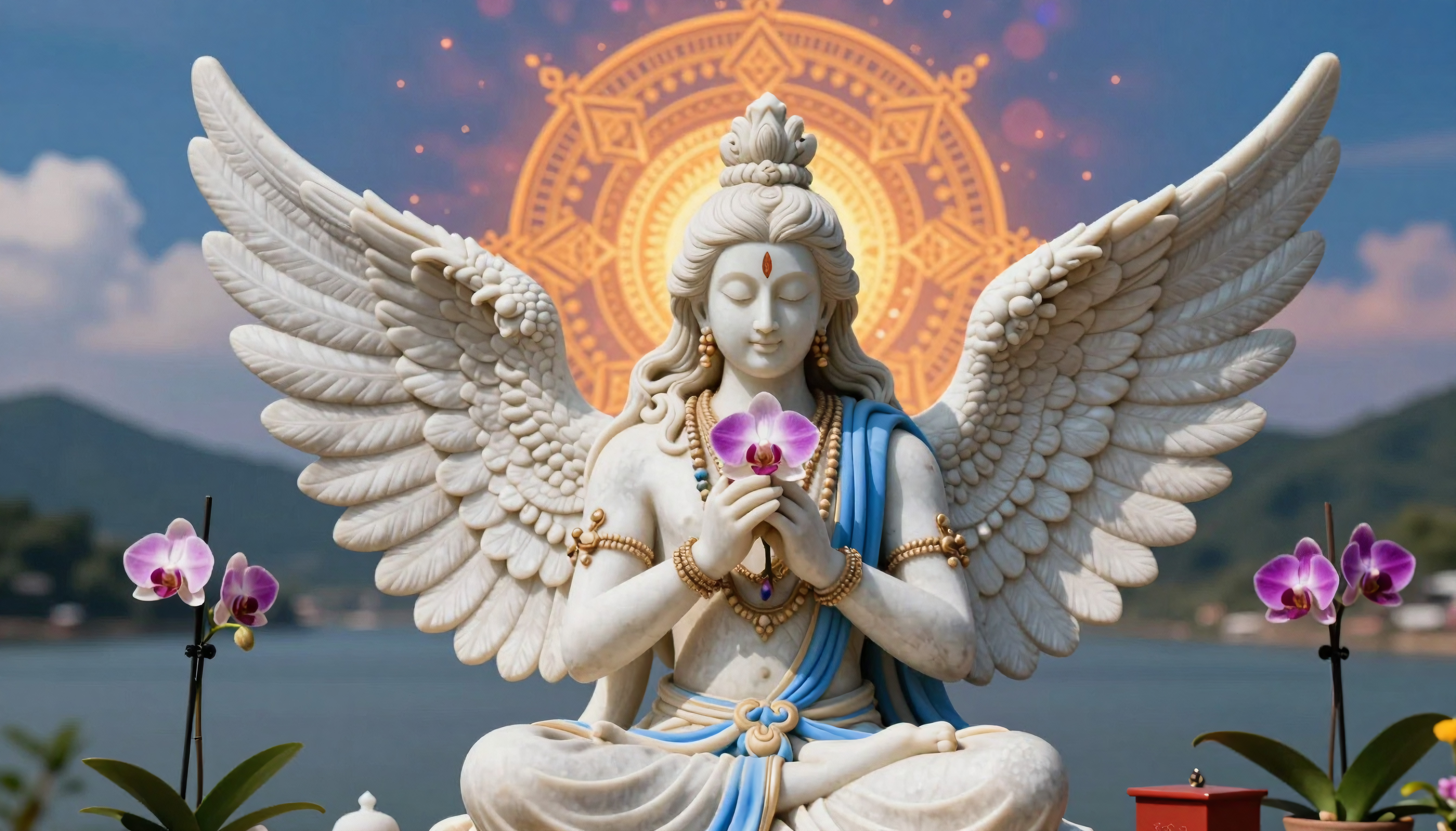 Sacred Statue of Goddess Durga with Wings and Orchids Against a