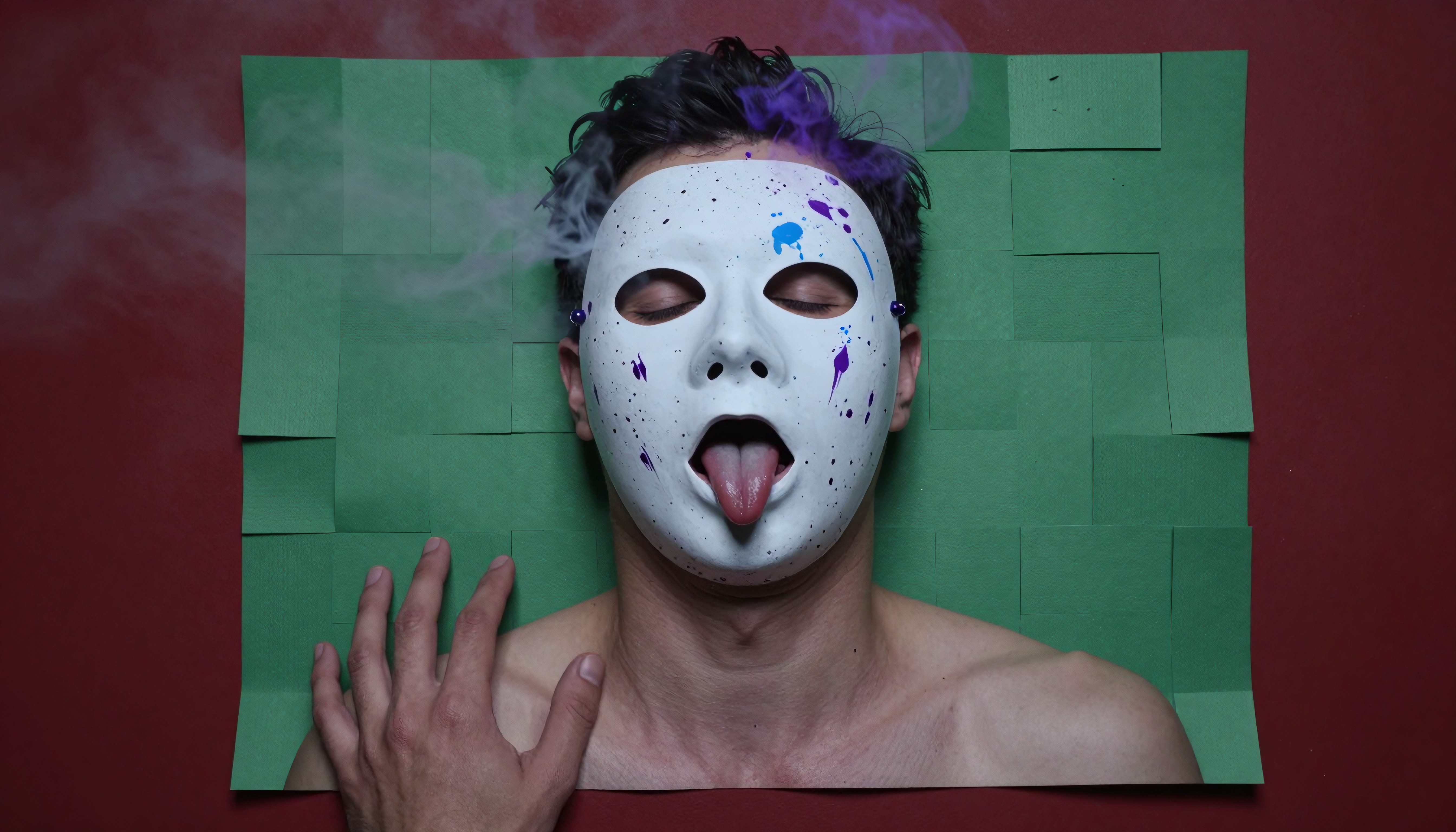 A person with a paint-splattered mask sticks out their tongue against a textured green and red backdrop, adding a surreal, artistic touch with colorful smoke.