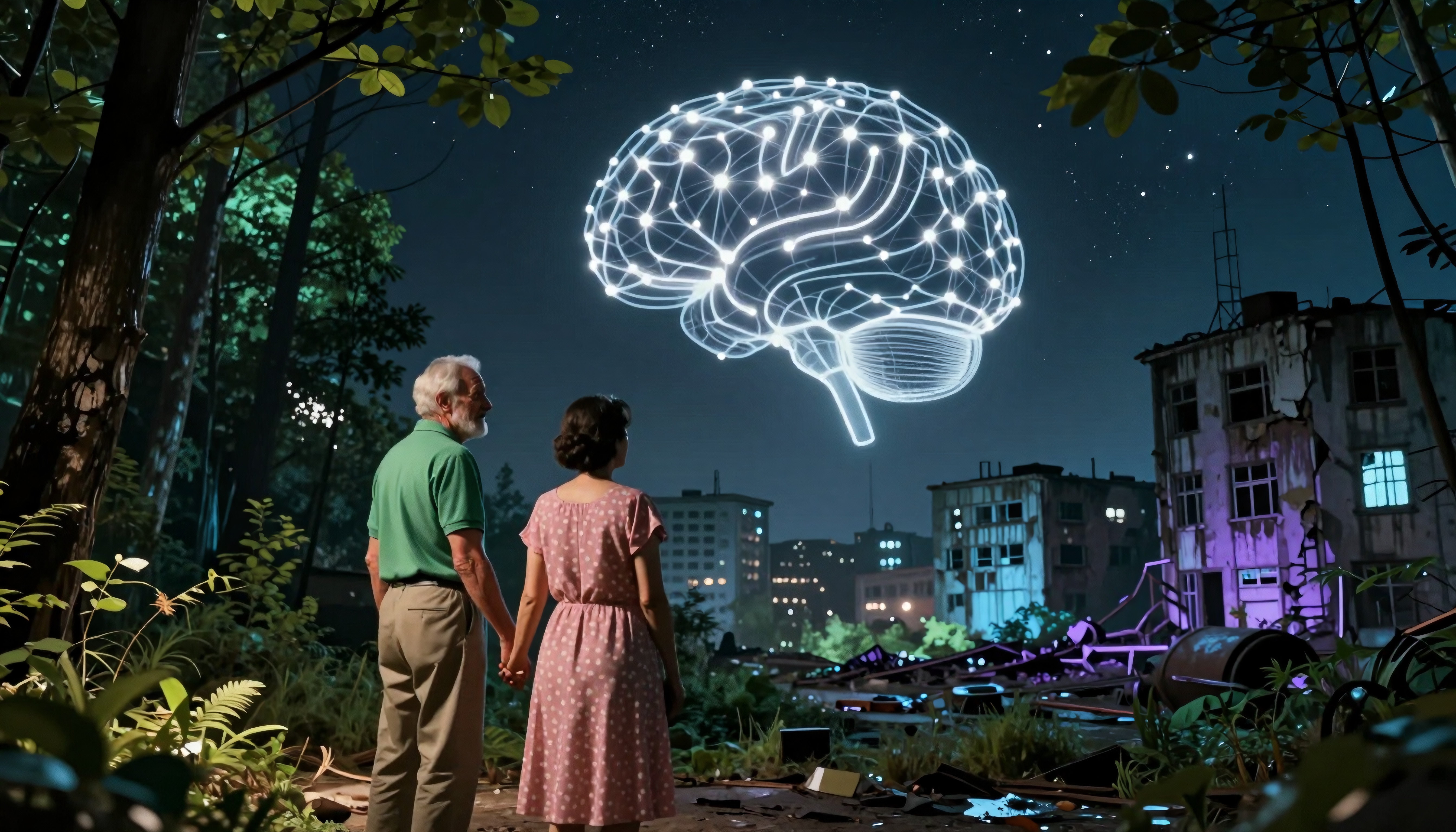 An elderly couple stands amid overgrown ruins, gazing at a luminous digital brain in the night sky, blending nature and technology.