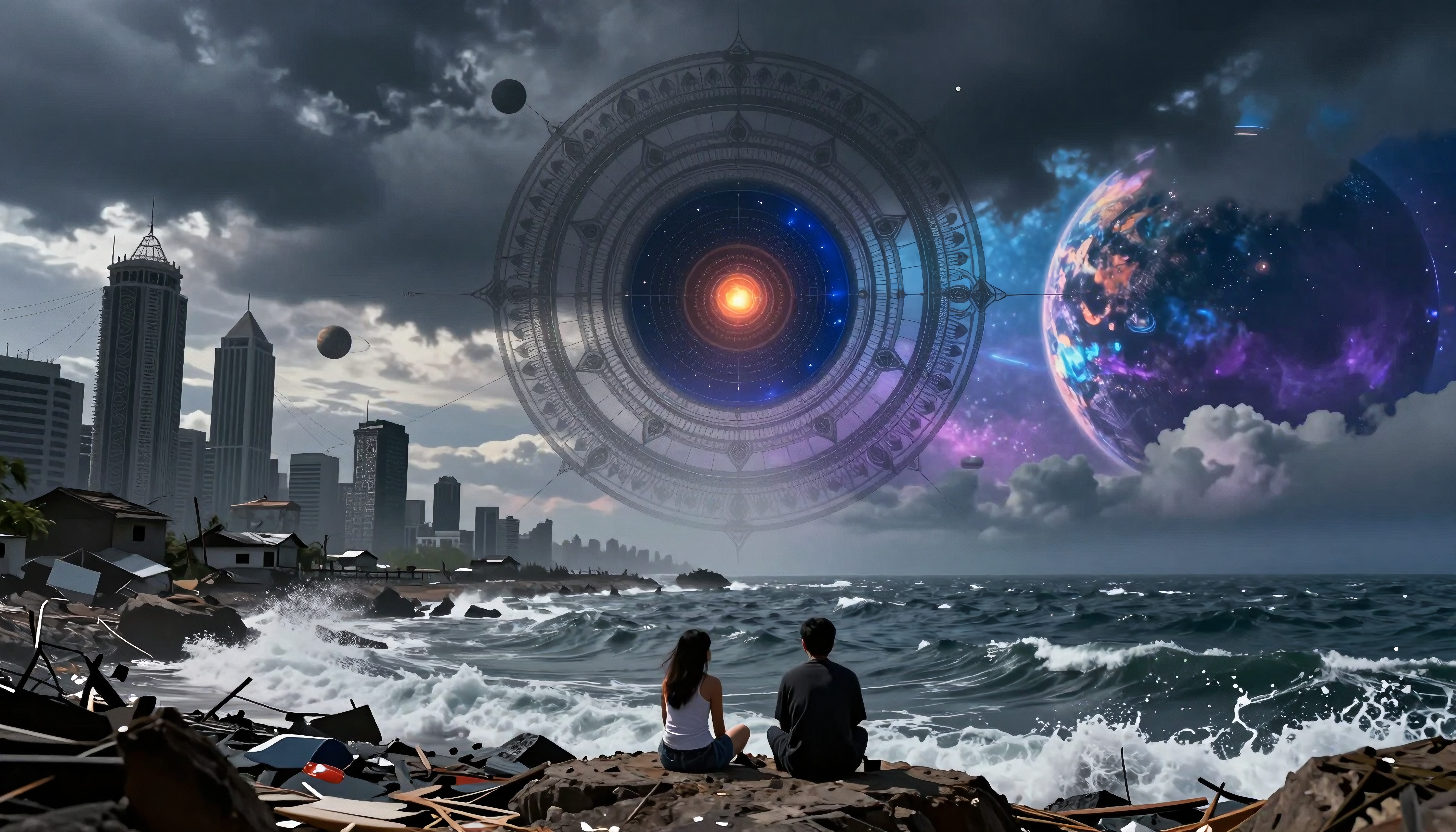 Futuristic city by the ocean with a cosmic sky.