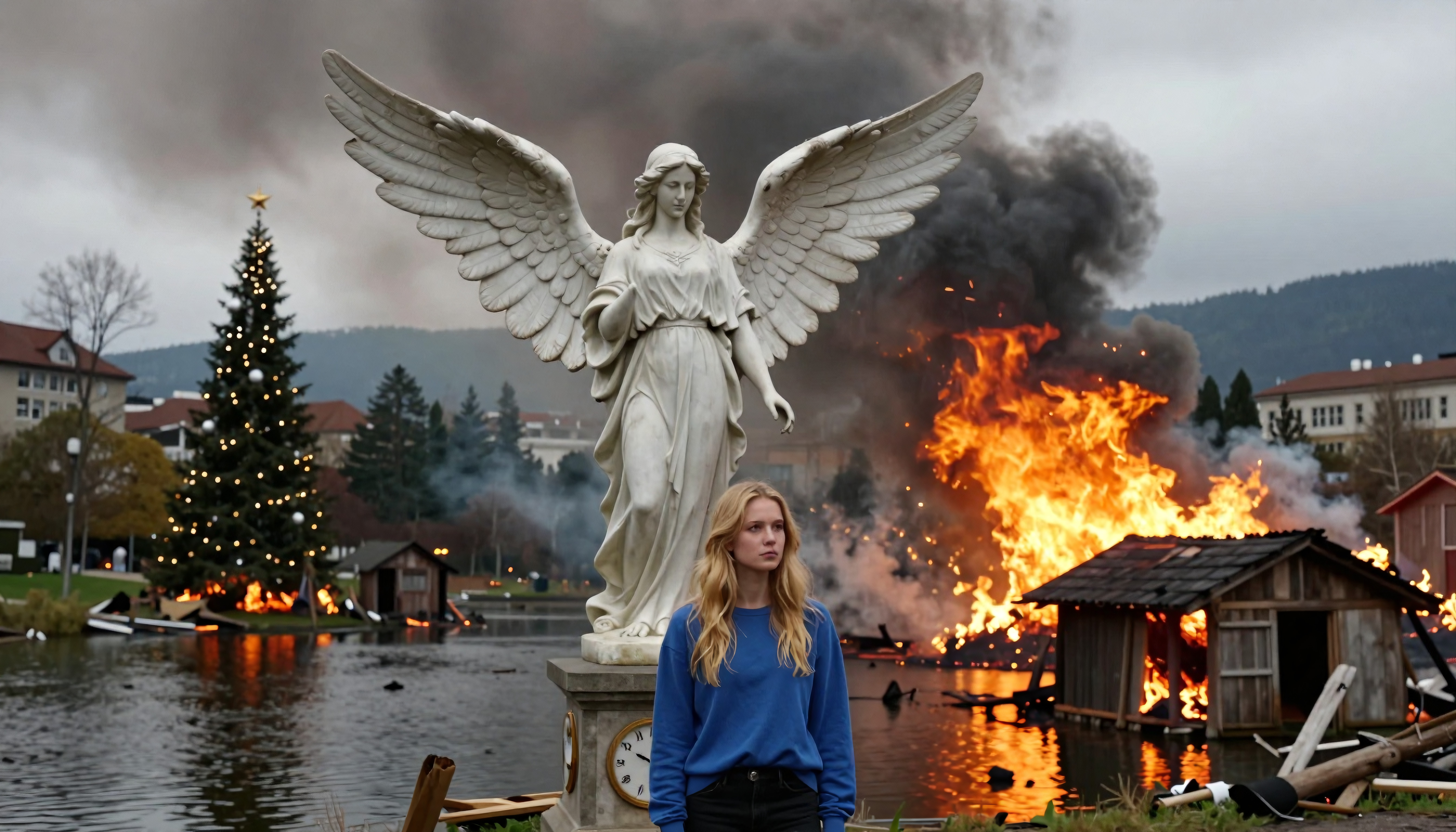 Woman standing near angel statue as wildfire destroys village behind her during Christmas season