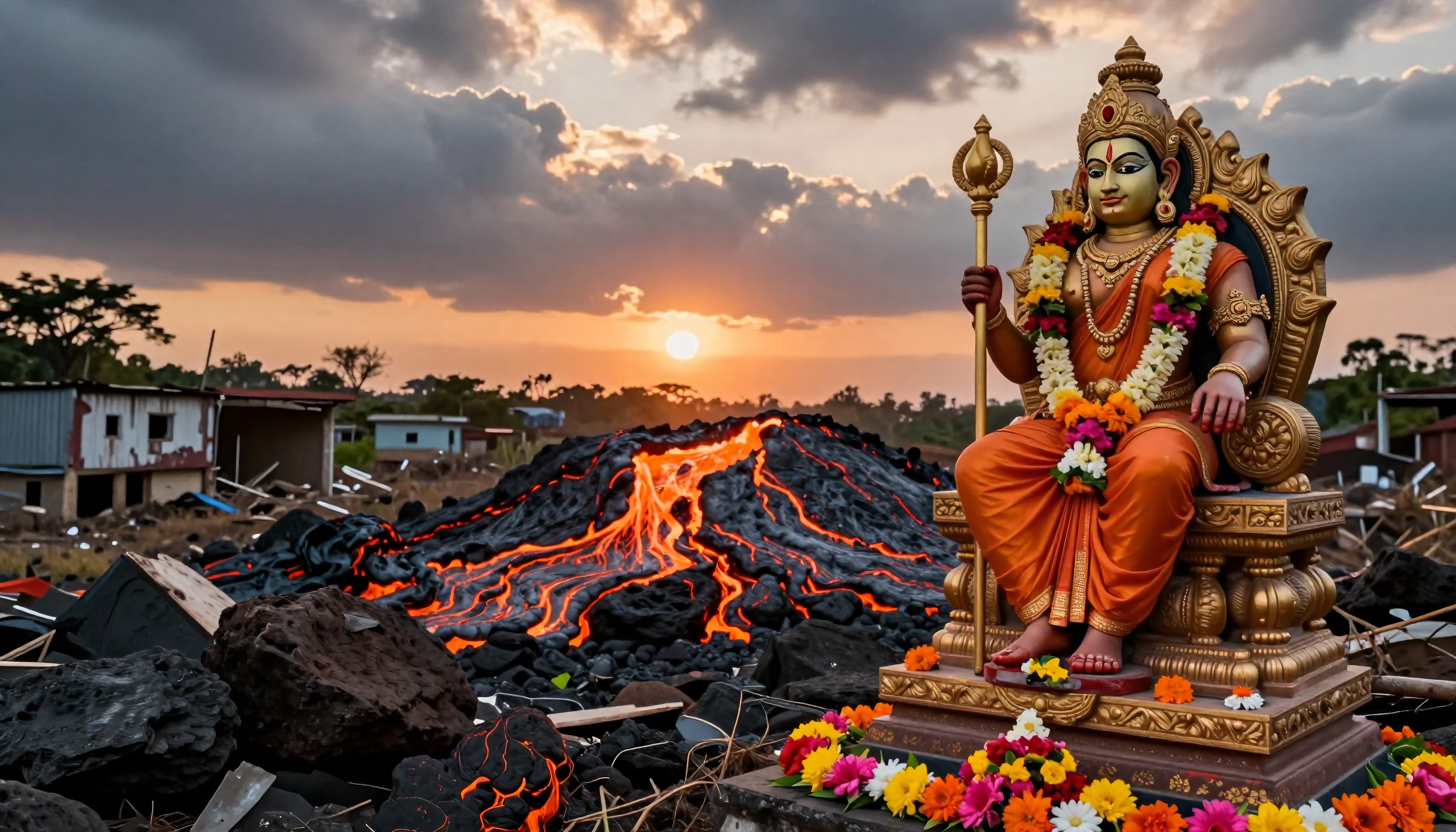 Hindu deity statue amidst volcanic lava flow, ruined buildings, sunset sky, floral offerings, divine calm in disaster landscape