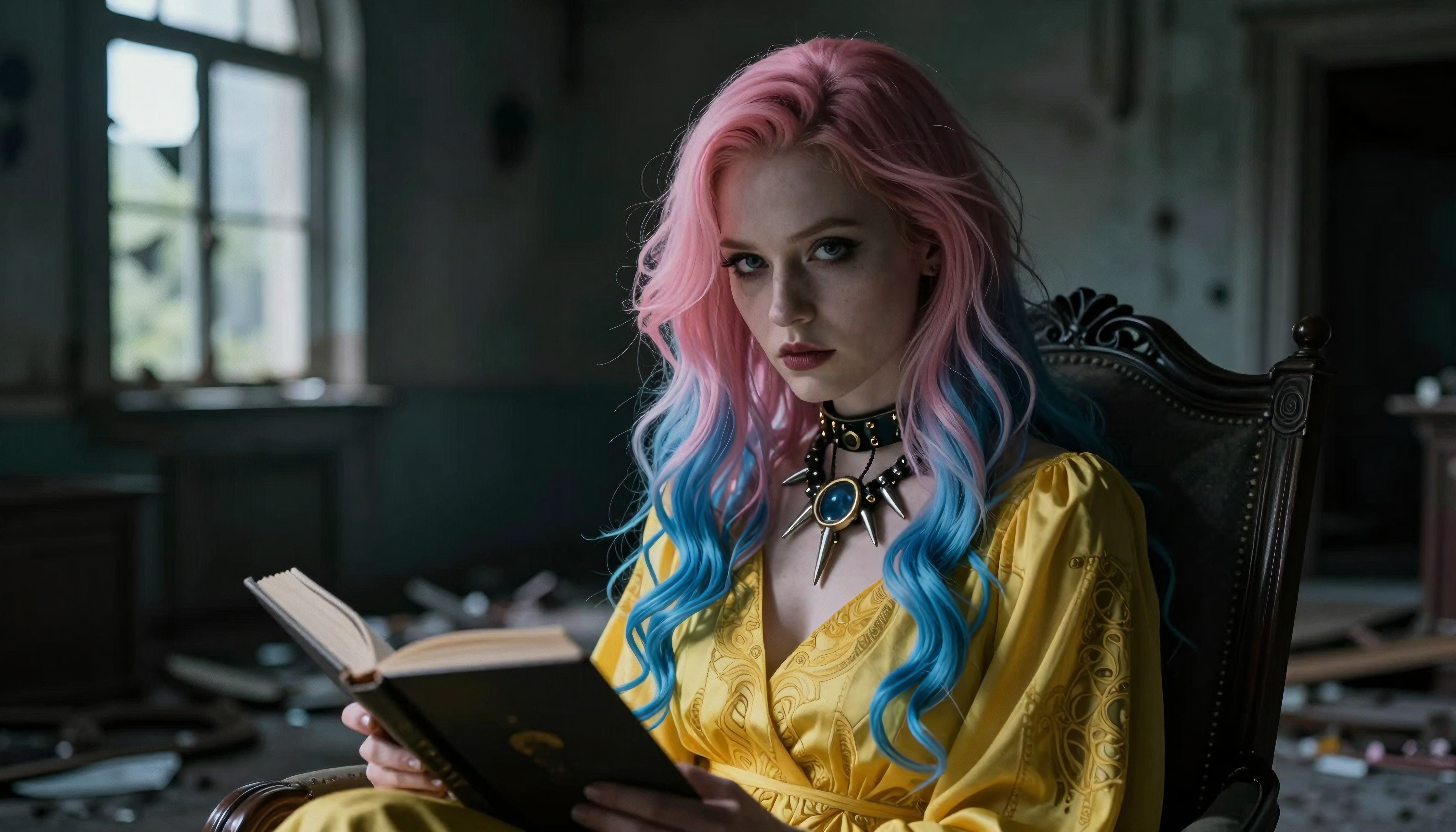 A woman with pink and blue hair sitting in a vintage room reading a book.