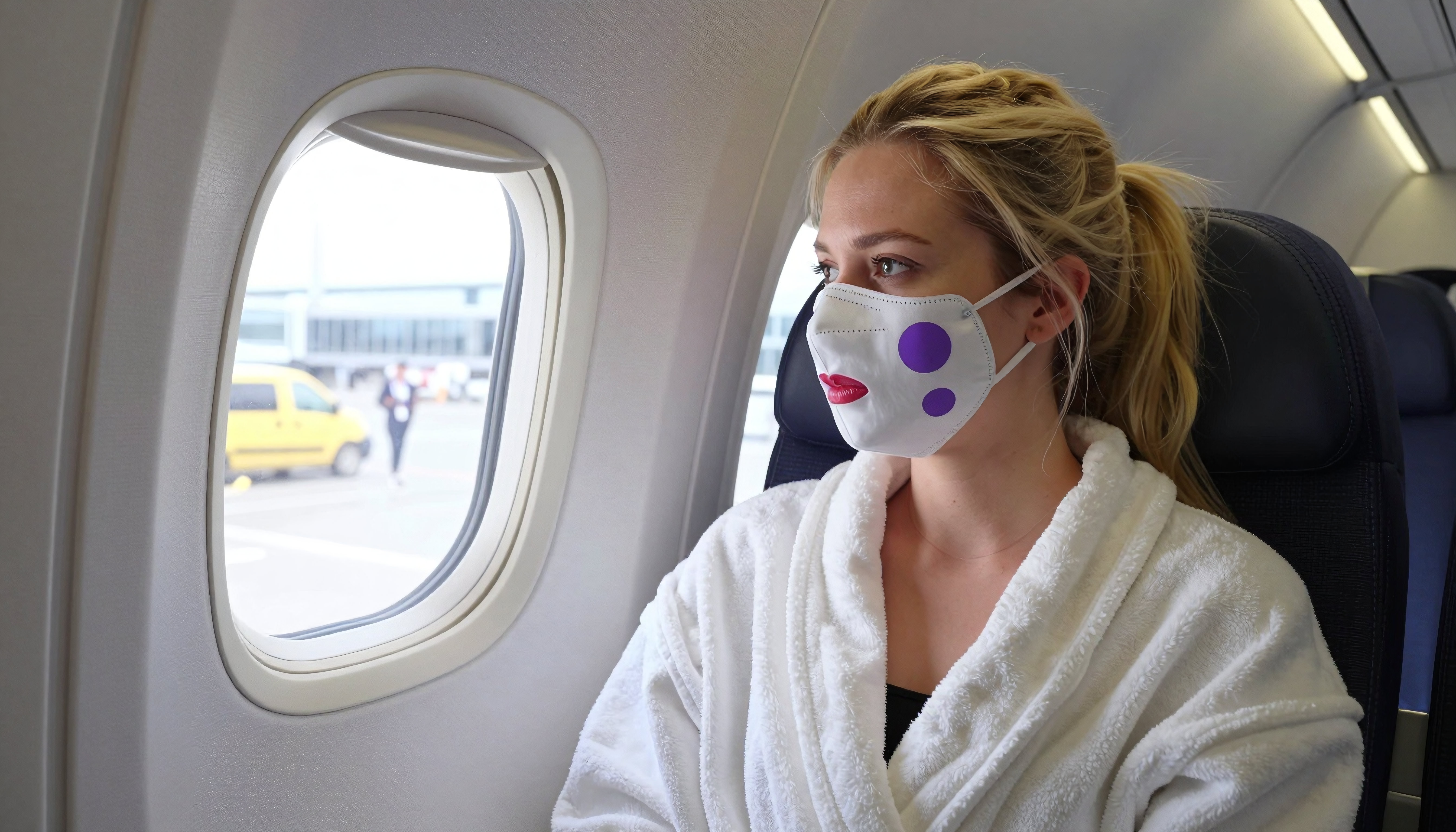 Woman in White Robe and Stylized Face Mask Inside Airplane Cabin