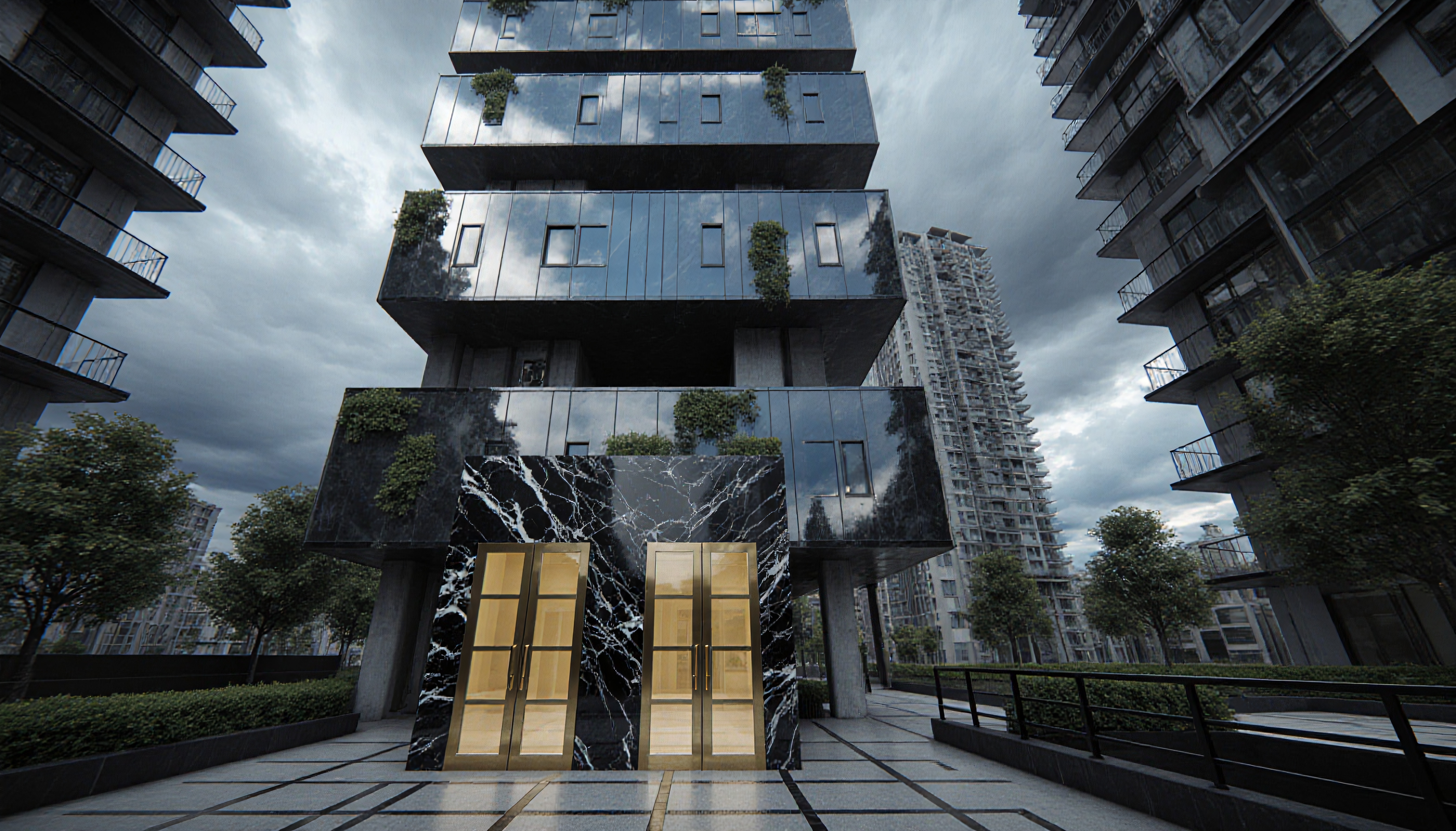 A modern building with reflective glass panels, gold doors, and greenery in an urban setting.