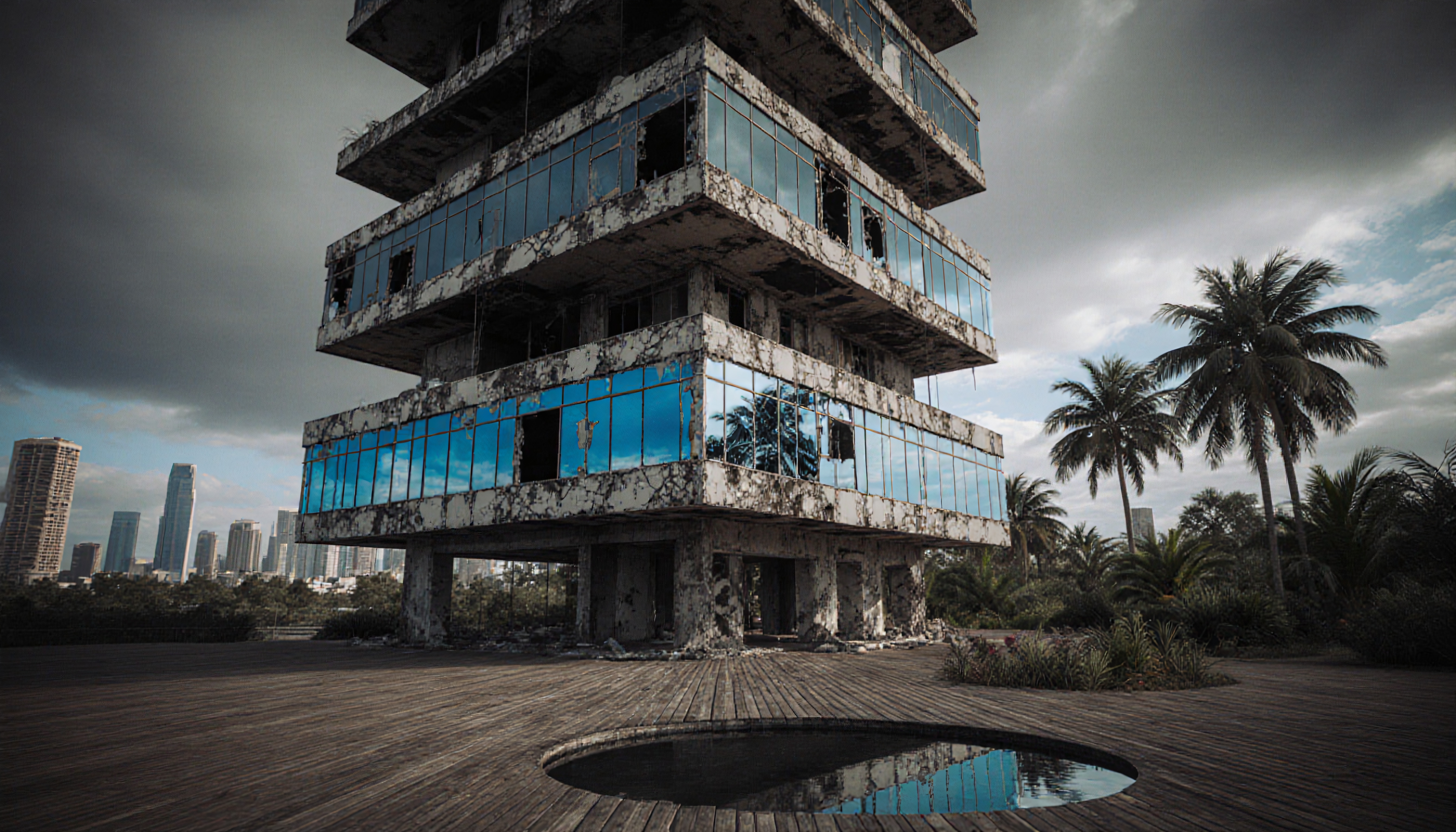 Abandoned building with blue reflective windows, surrounded by palm trees, and a distant city skyline.