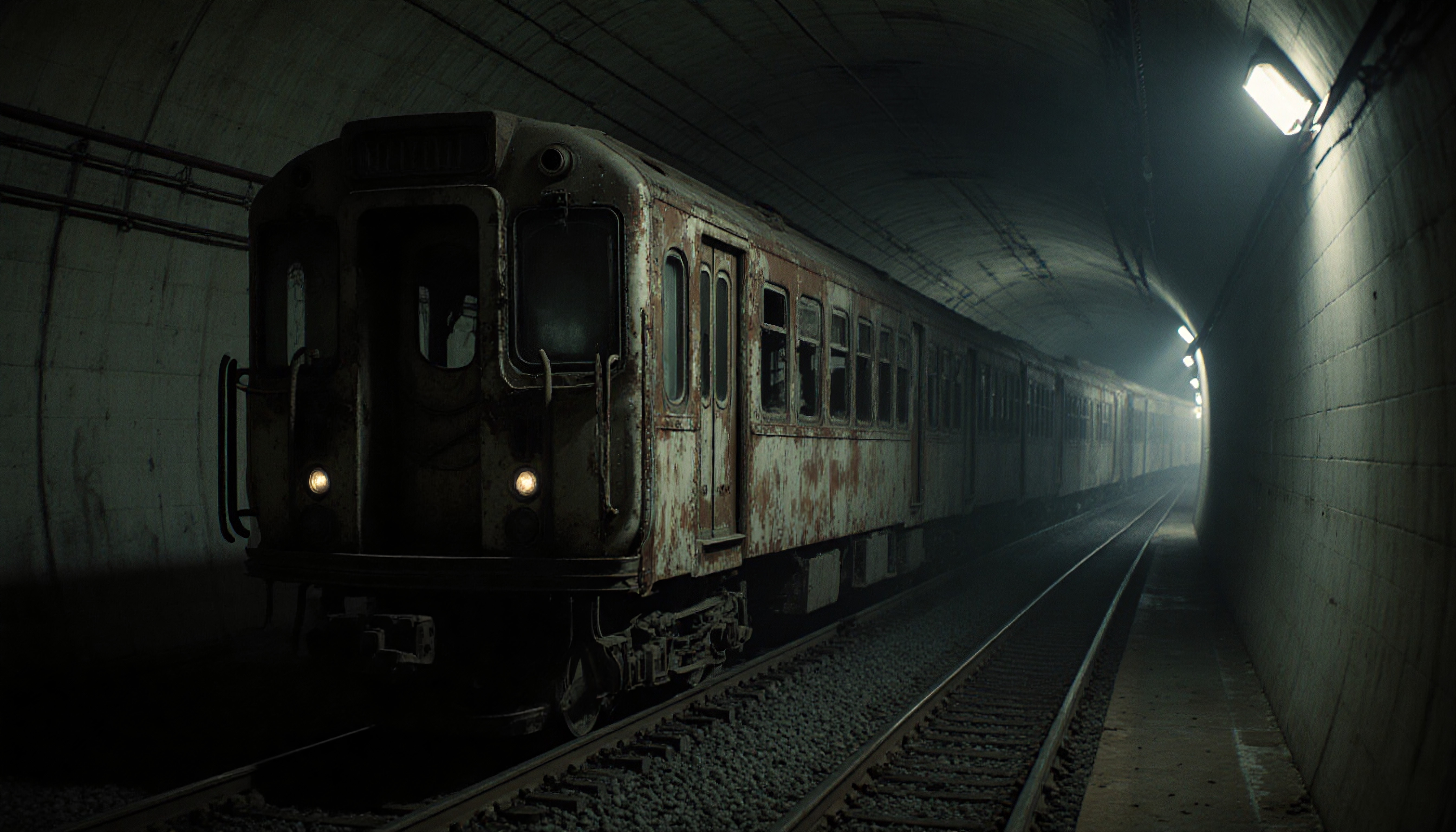 Image of a rusty, abandoned train traveling through a dimly lit tunnel, evoking a sense of mystery and desolation.