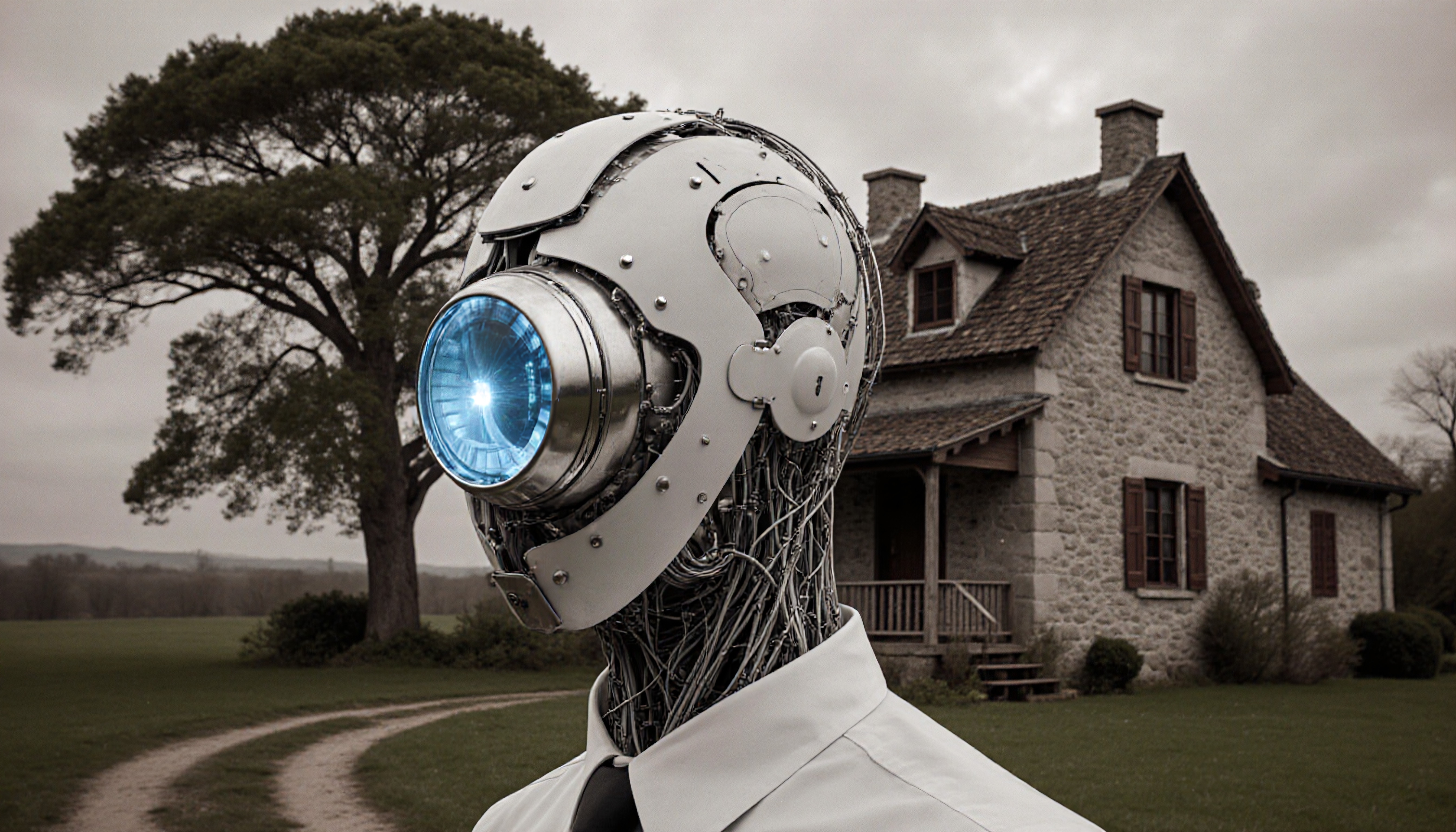 A humanoid robot with a glowing blue lens stands in front of a stone house in a rural setting.