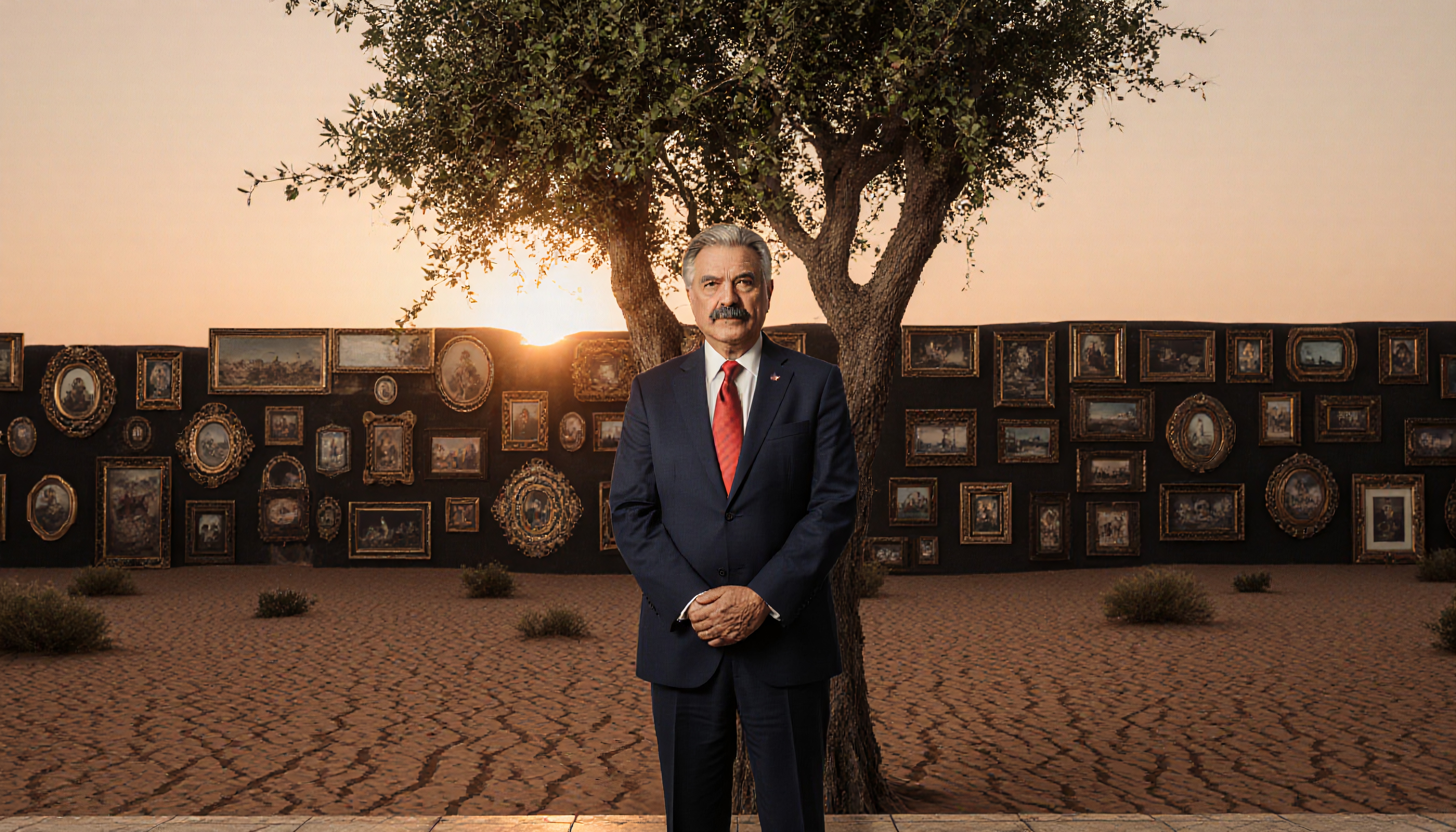 A distinguished man in a navy suit stands confidently under a tree at sunset with a backdrop of artistic paintings on a textured pavement.