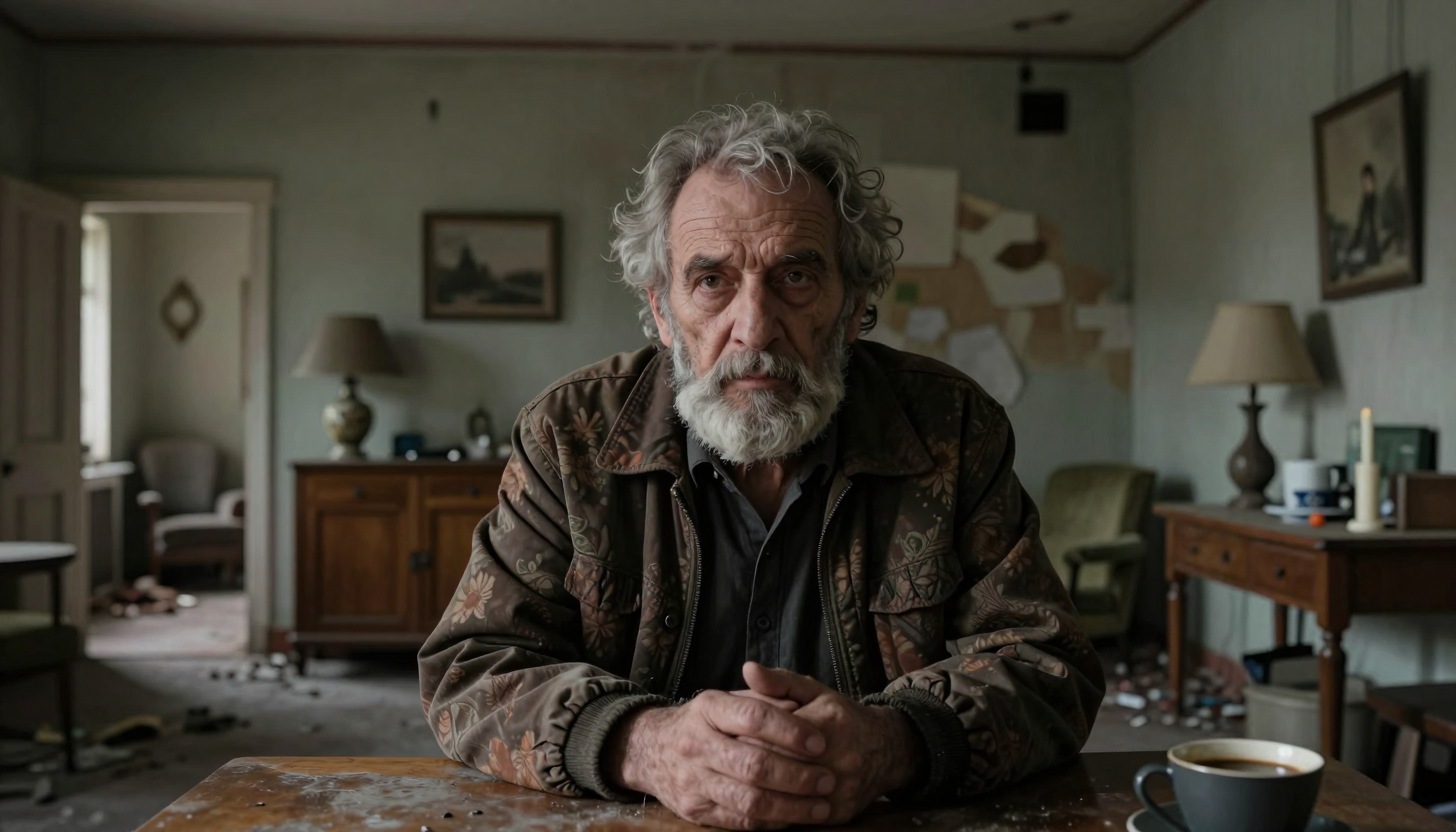 An elderly man sitting thoughtfully in a dimly lit room, surrounded by vintage furniture and a warm cup of coffee.
