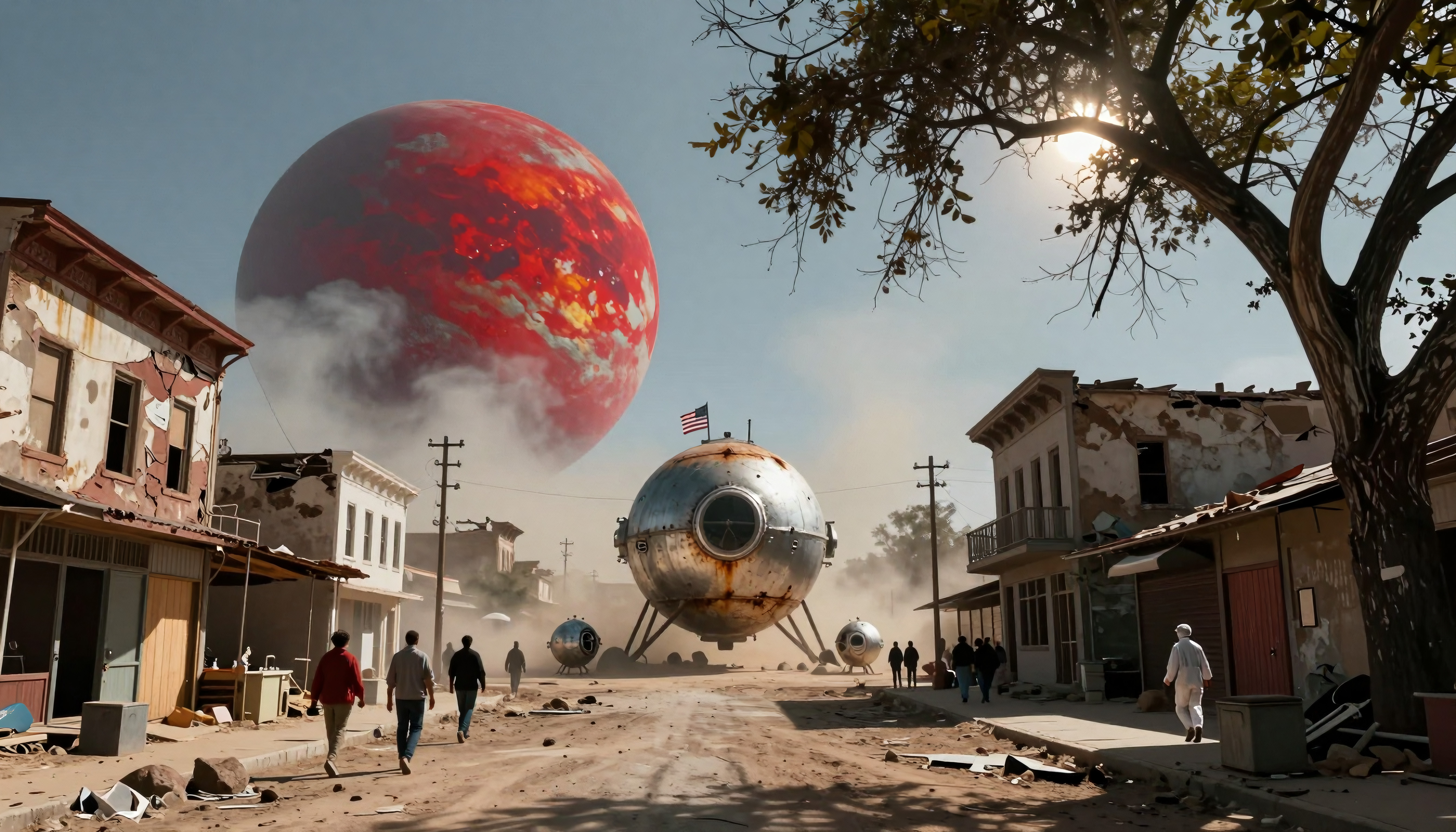 Post-Apocalyptic Town with Giant Red Planet and Rusty Sci-Fi Sph