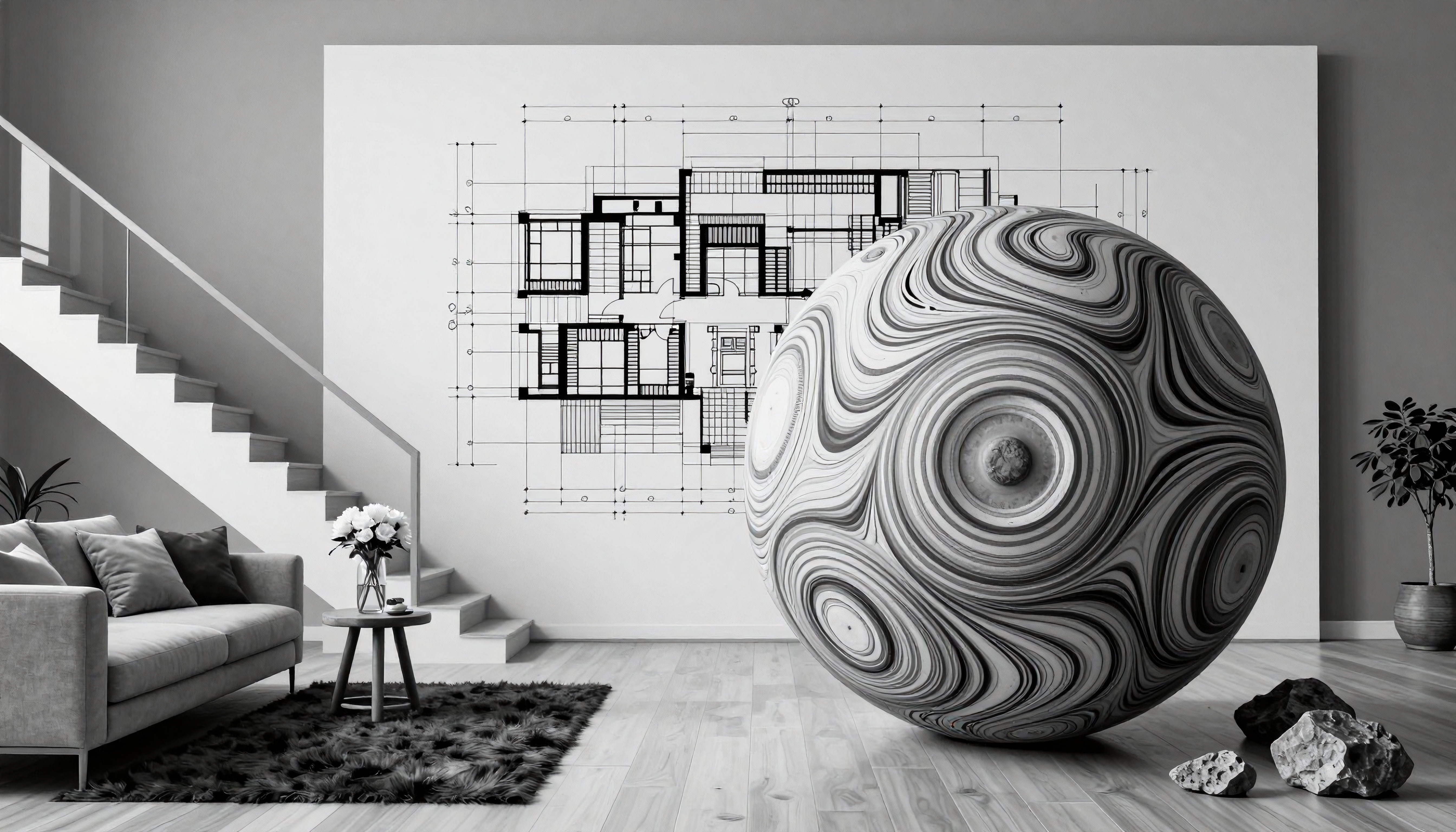 Modern minimalist interior featuring architectural blueprints, a