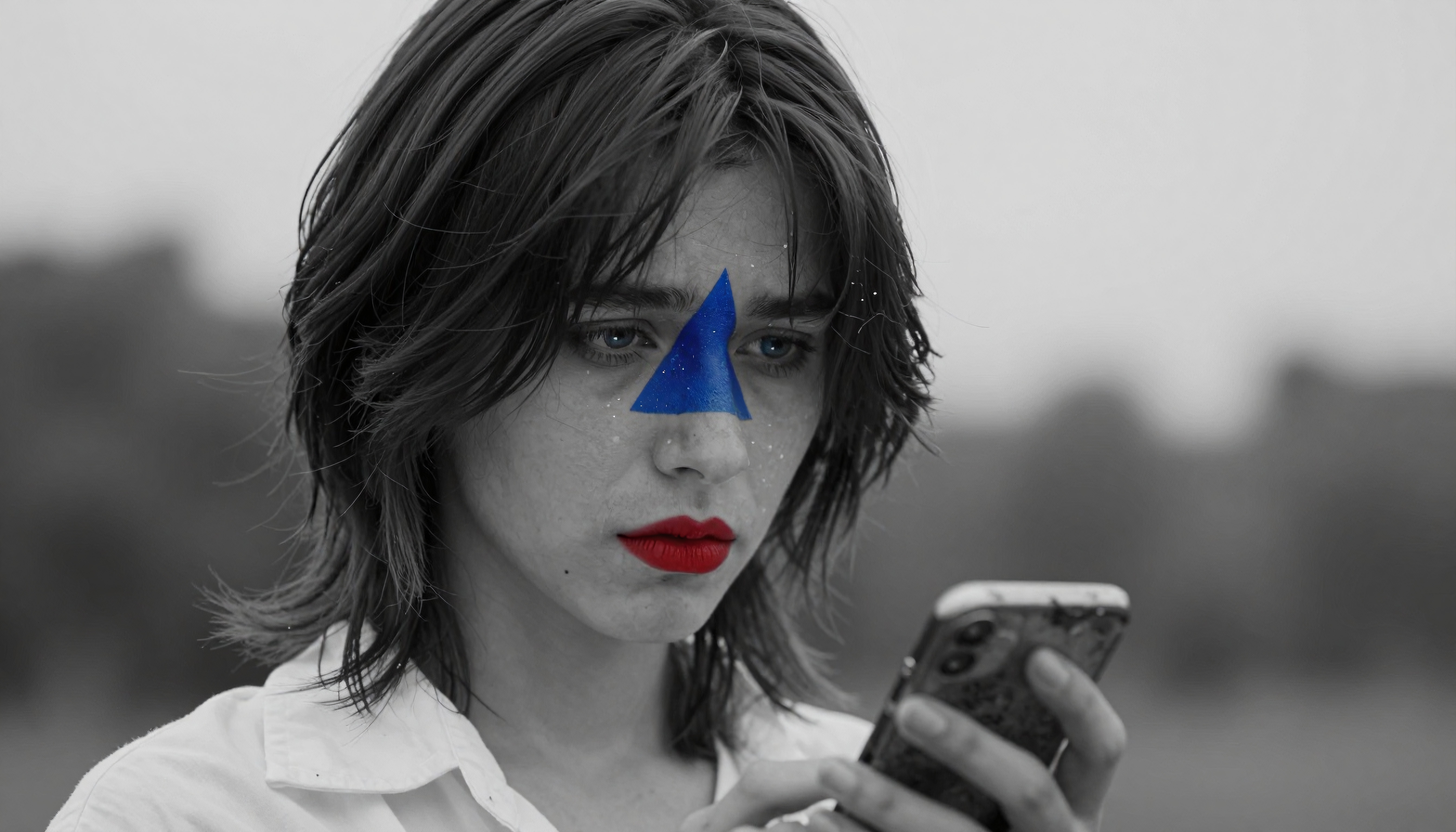 A woman with red lips and a blue triangle face paint looks at her smartphone in a black and white image.