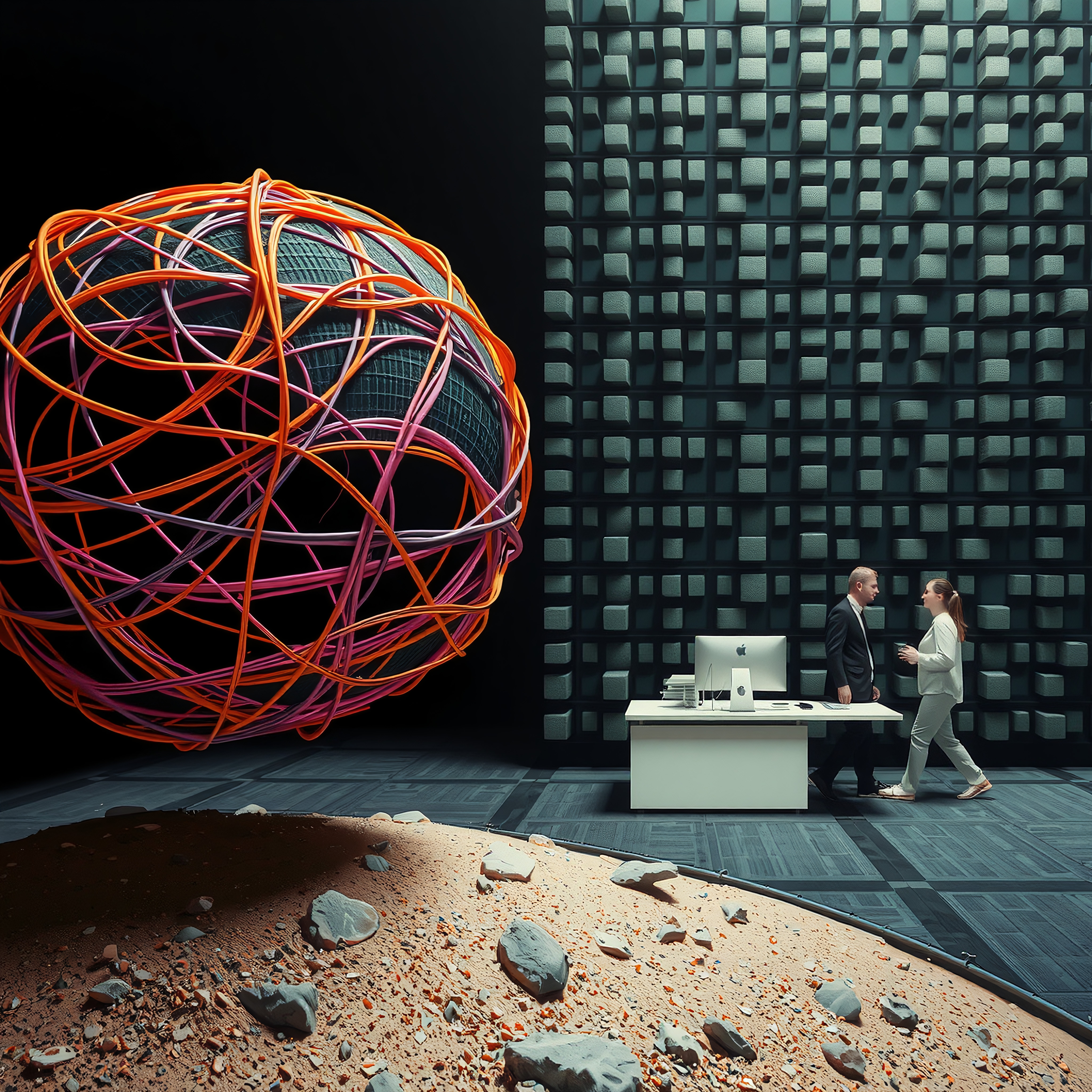 A futuristic office juxtaposes technology and nature with a floating sphere wrapped in vibrant cables against an acoustic backdrop.