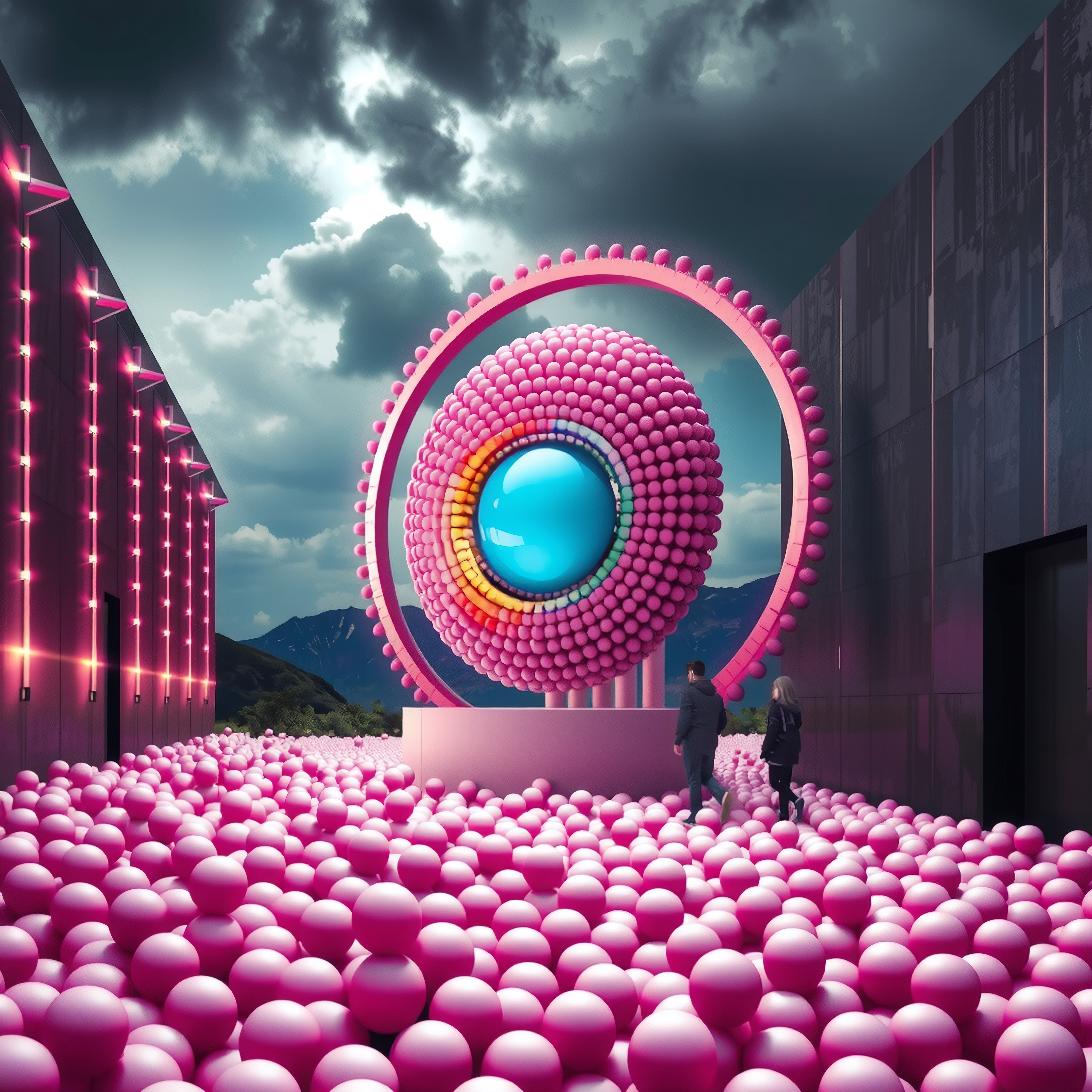 Futuristic Pop Art Installation with Pink Spheres and Modern Arc