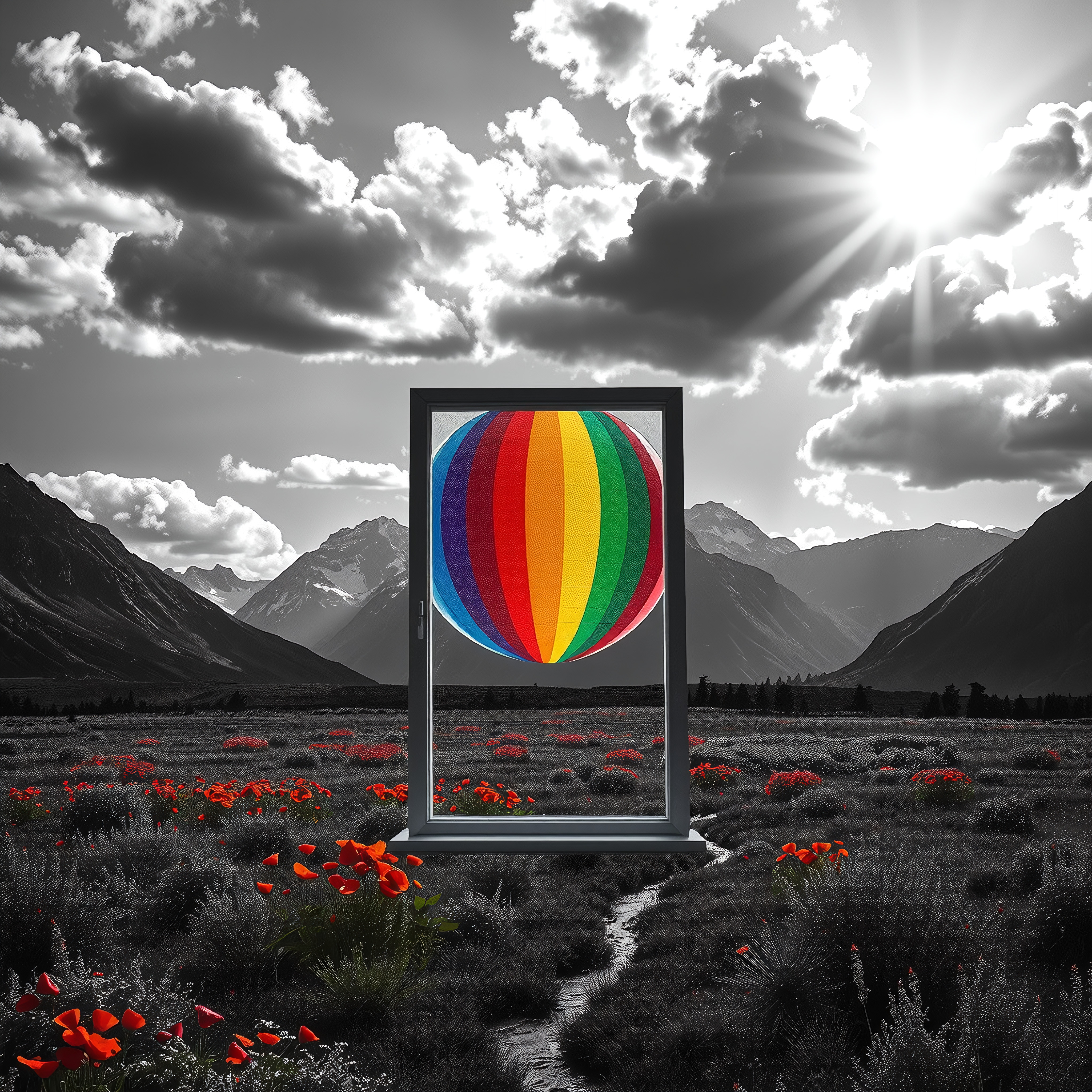 A colorful hot air balloon framed by a window stands out against a black and white mountainous landscape with bright red flowers and sunlit clouds.