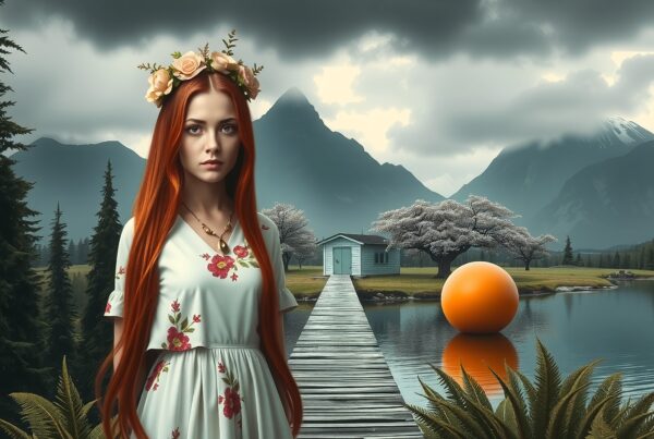 A red-haired woman in a floral dress stands by a lake with a wooden dock, under a moody sky, with mountains and trees in the background.