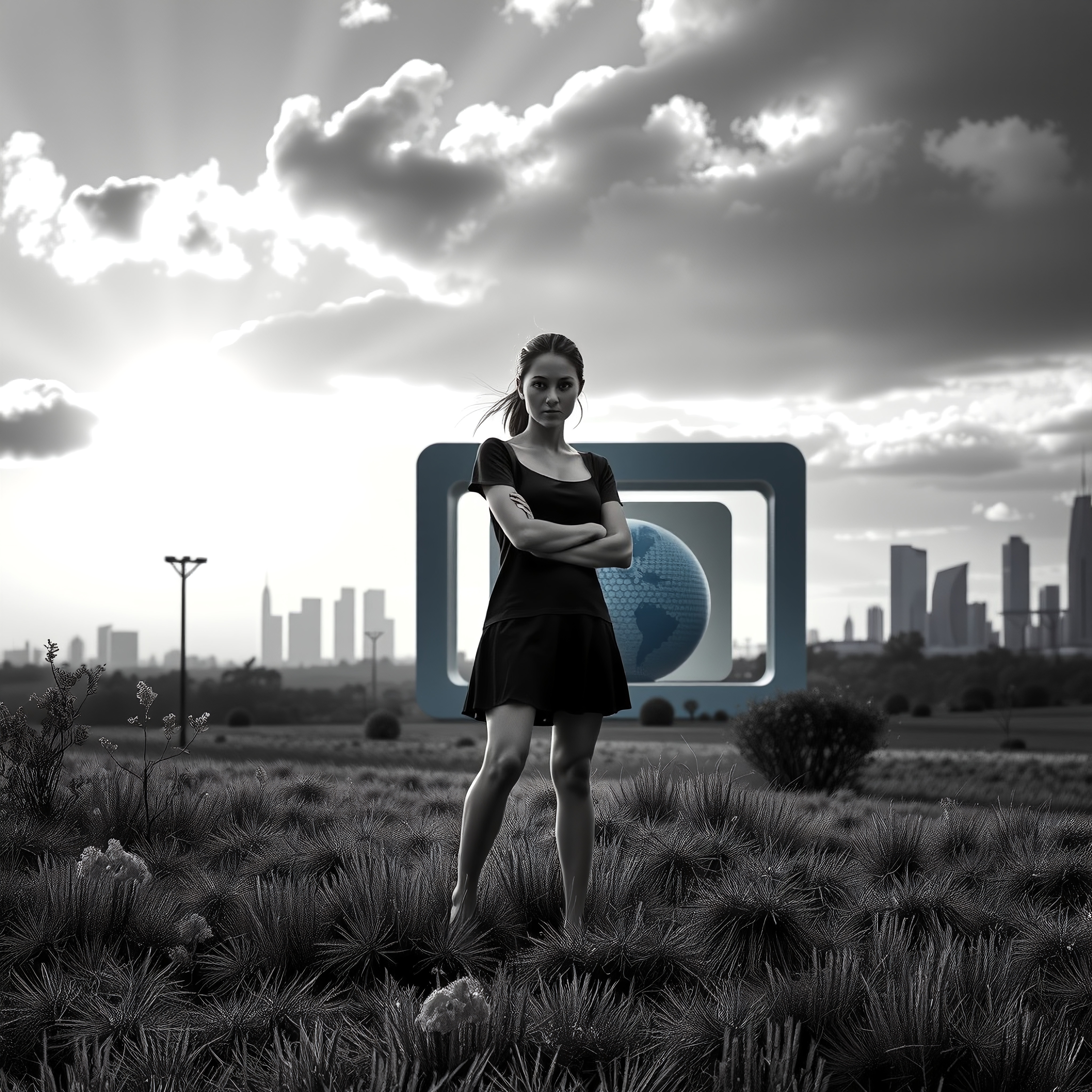 A young woman stands confidently against an urban skyline backdrop, symbolizing global awareness and modernity.