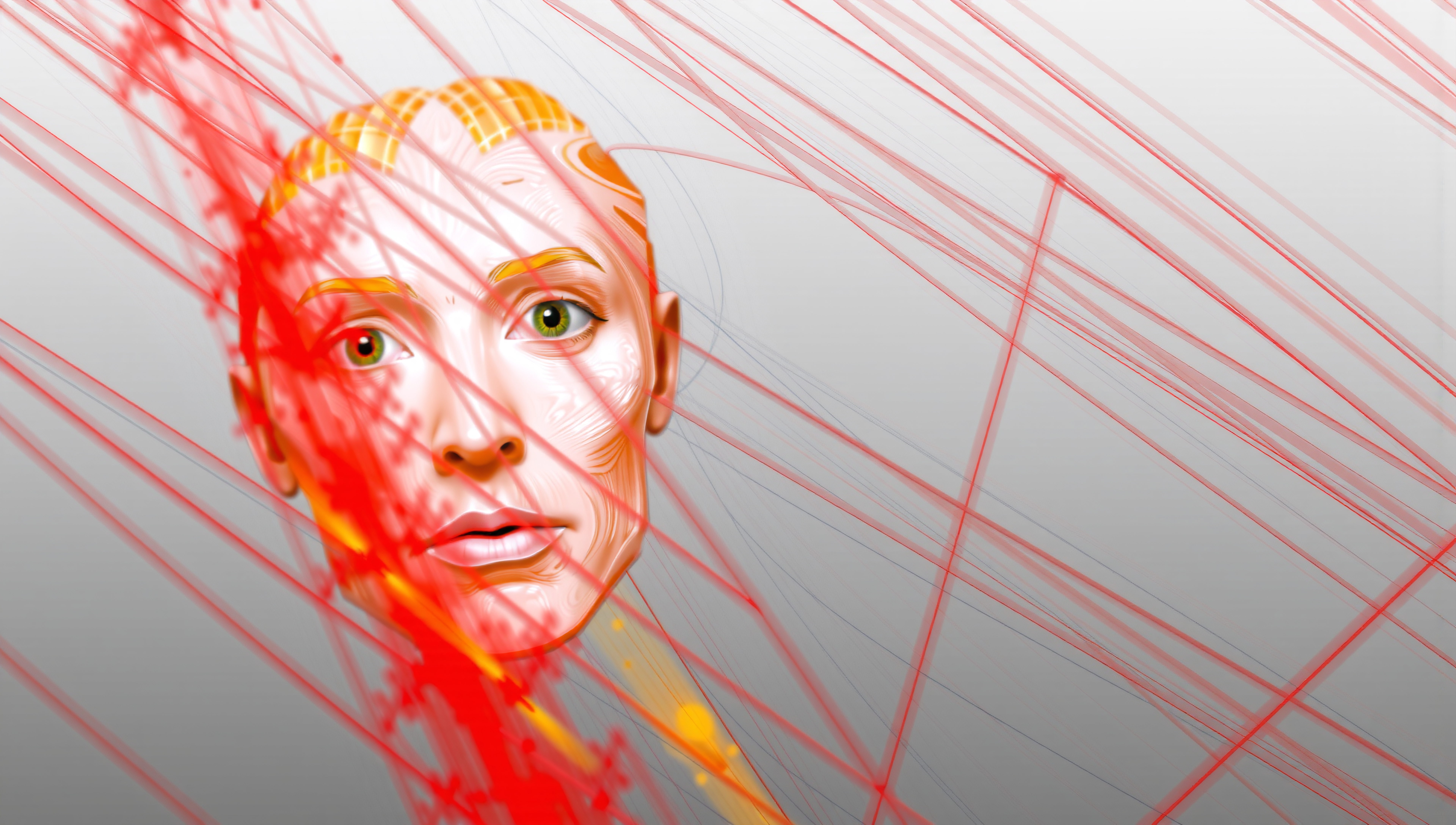 Surreal human portrait overlaid with dynamic red lines.