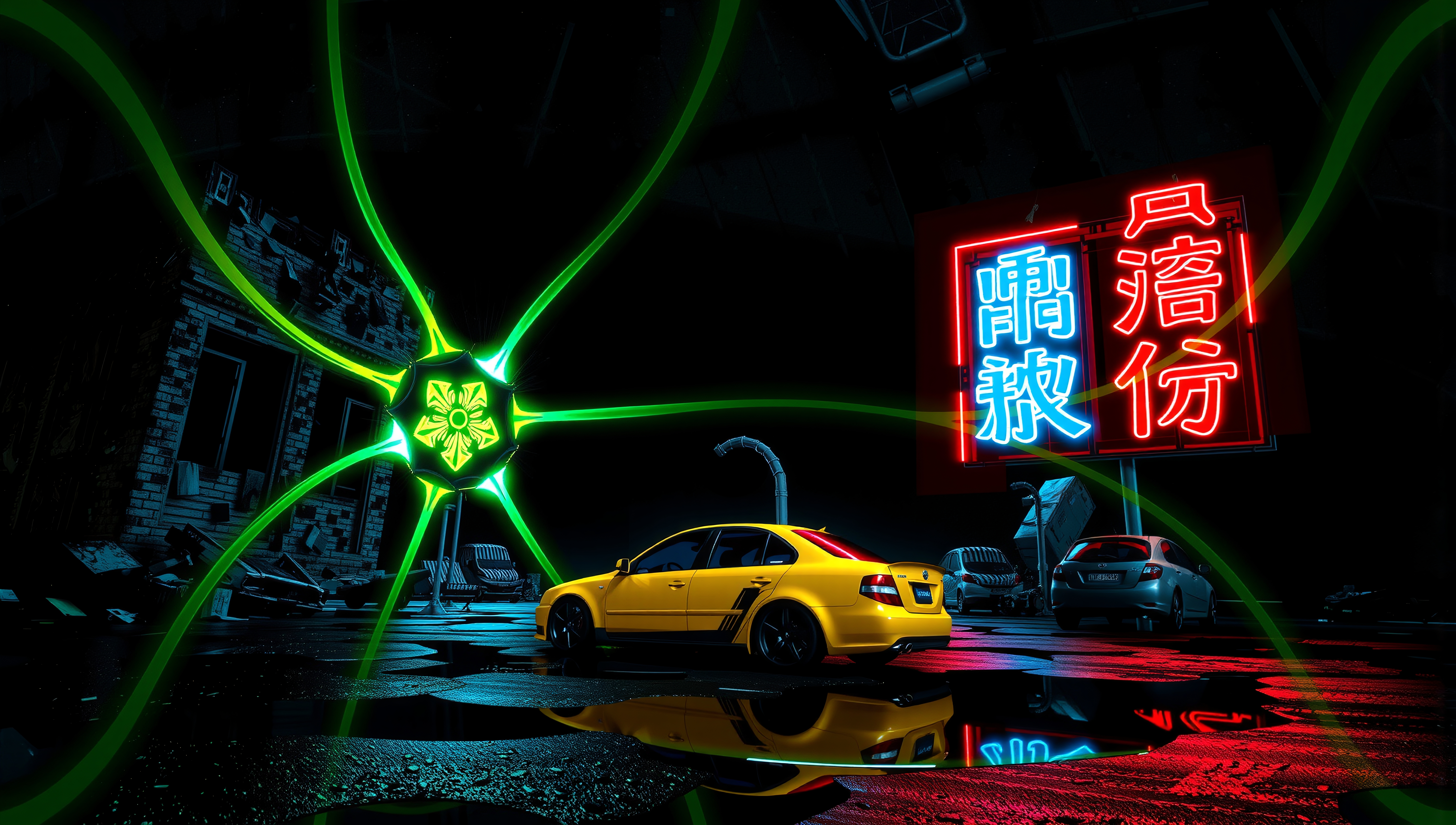 A bright yellow car is parked on a neon-lit rainy street under vibrant signs and futuristic elements, creating a cyberpunk atmosphere.