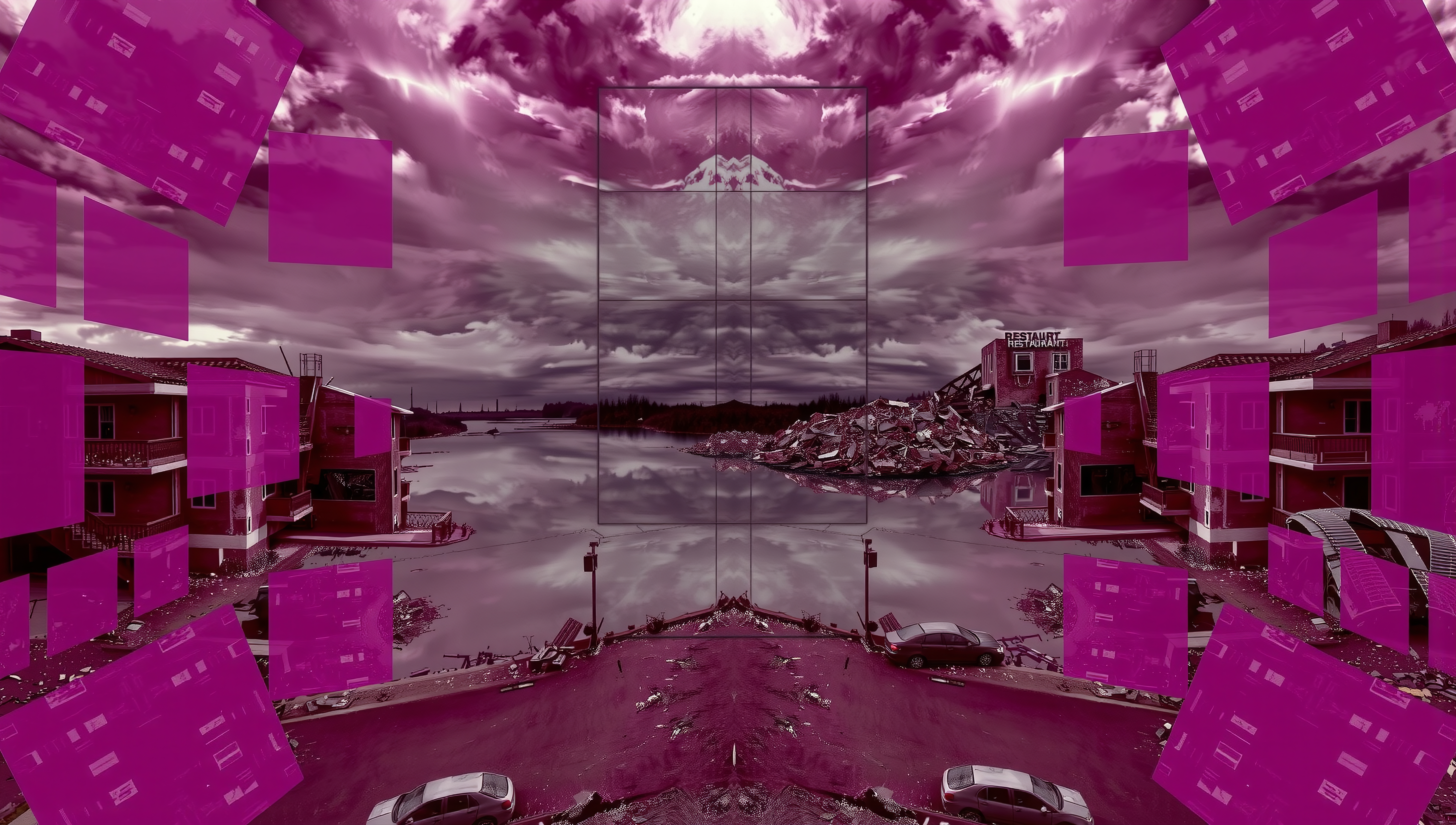 A surreal landscape with magenta geometric figures and reflective waters creates a dreamlike scene.