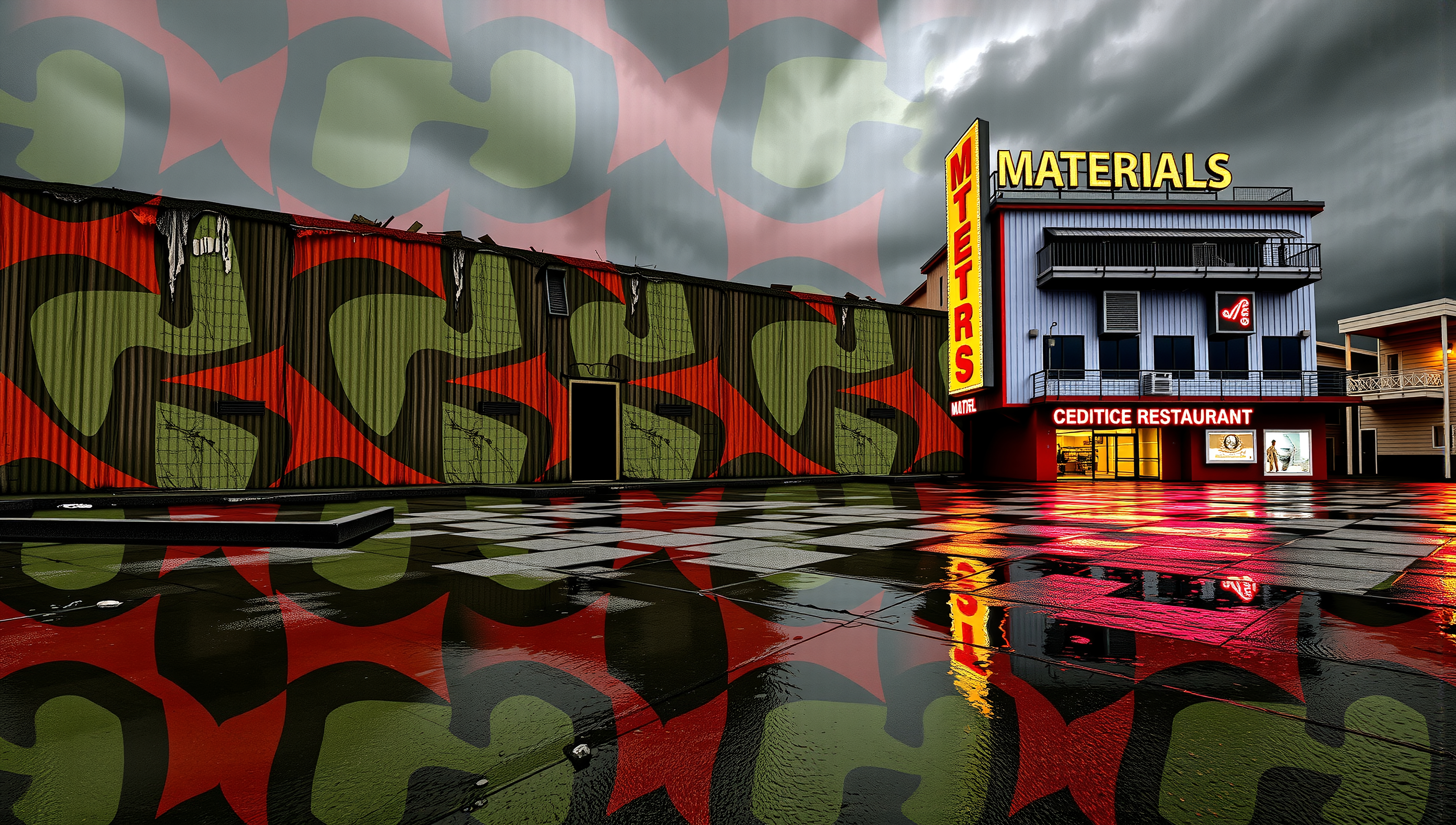 Striking urban scene with bold signage and artistic facade patterns against a moody sky.