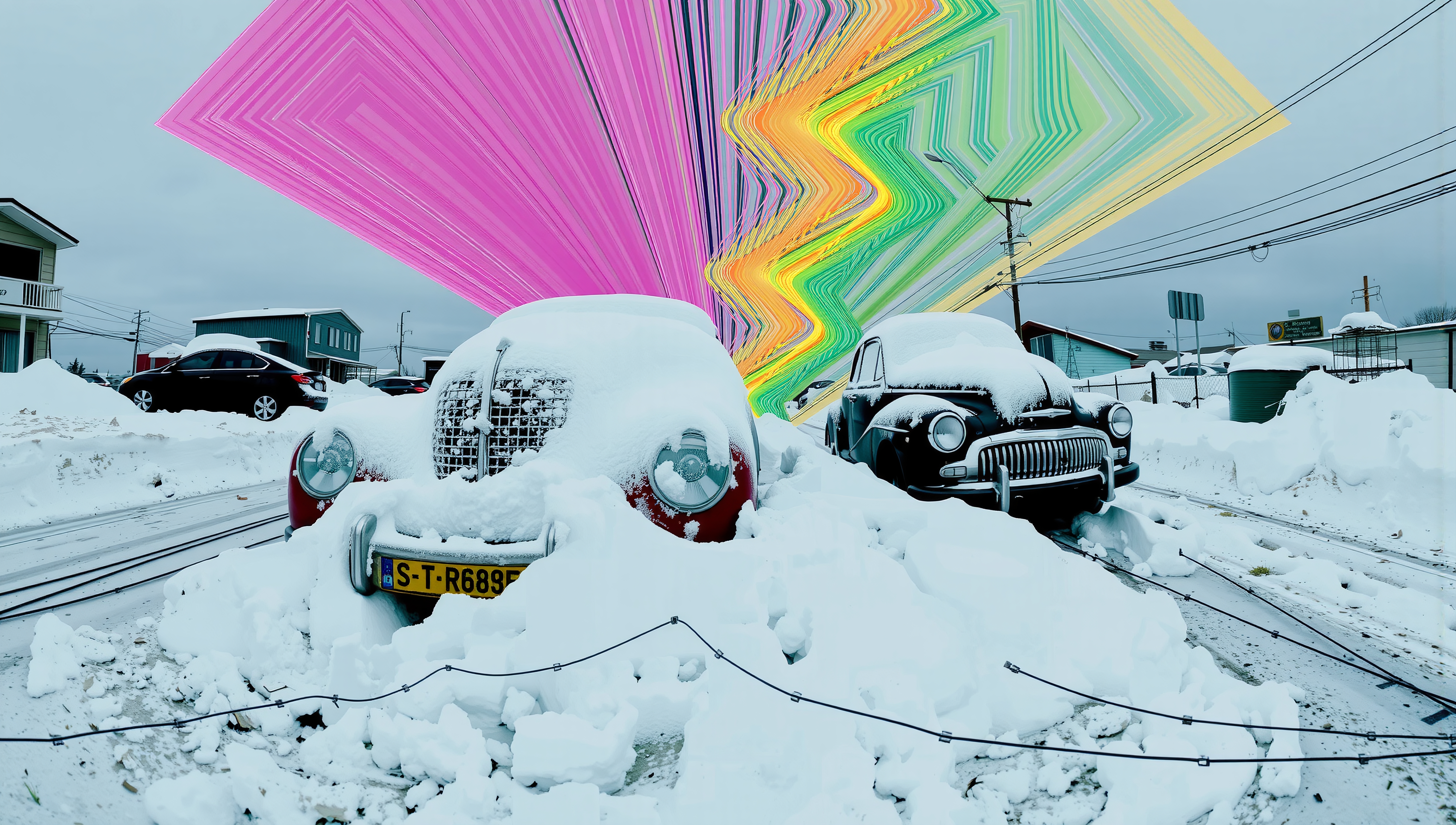 Retro cars in snow with vibrant geometric patterns in sky.