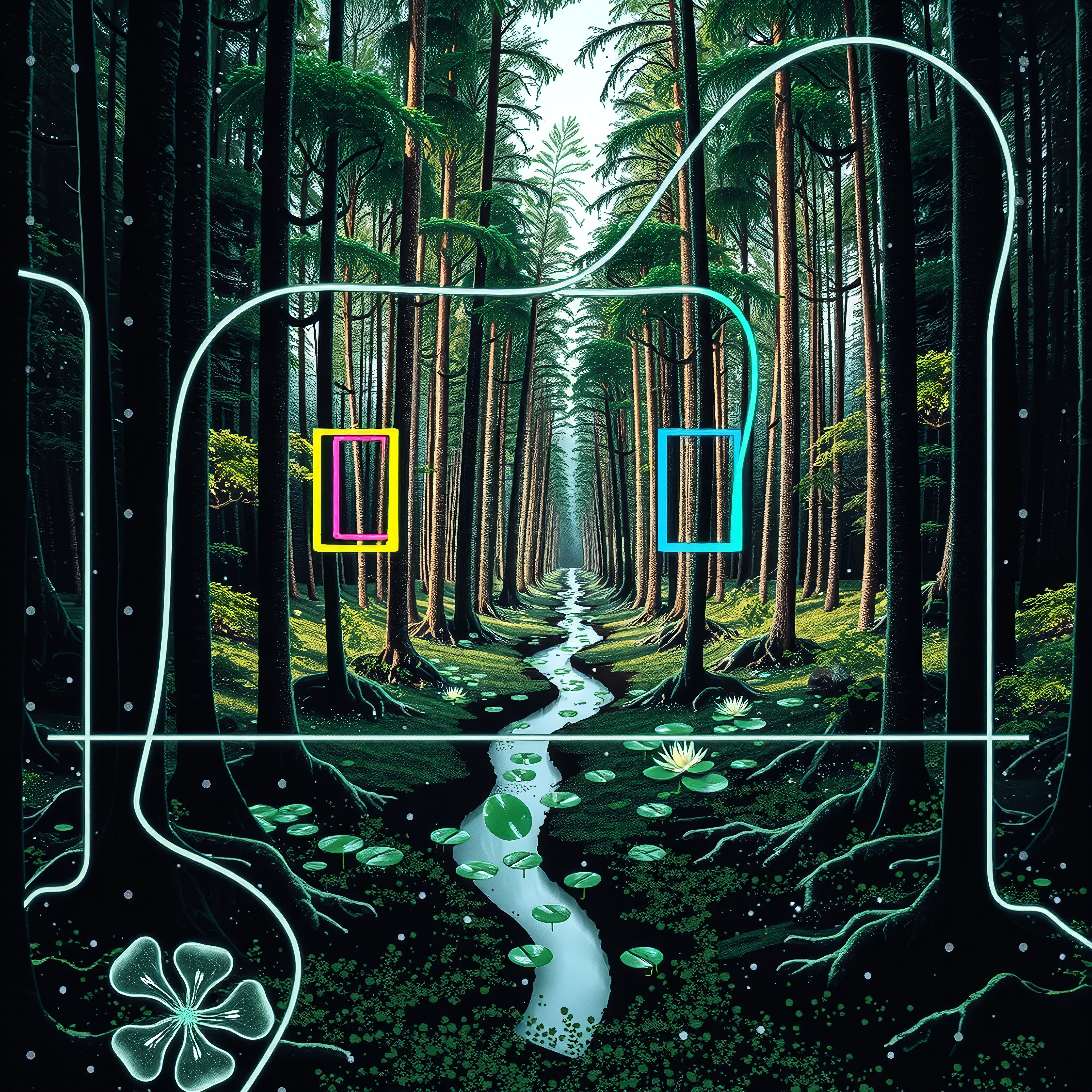 A serene forest with tall trees and a narrow stream, enhanced by neon-colored geometric shapes, blending nature and technology.