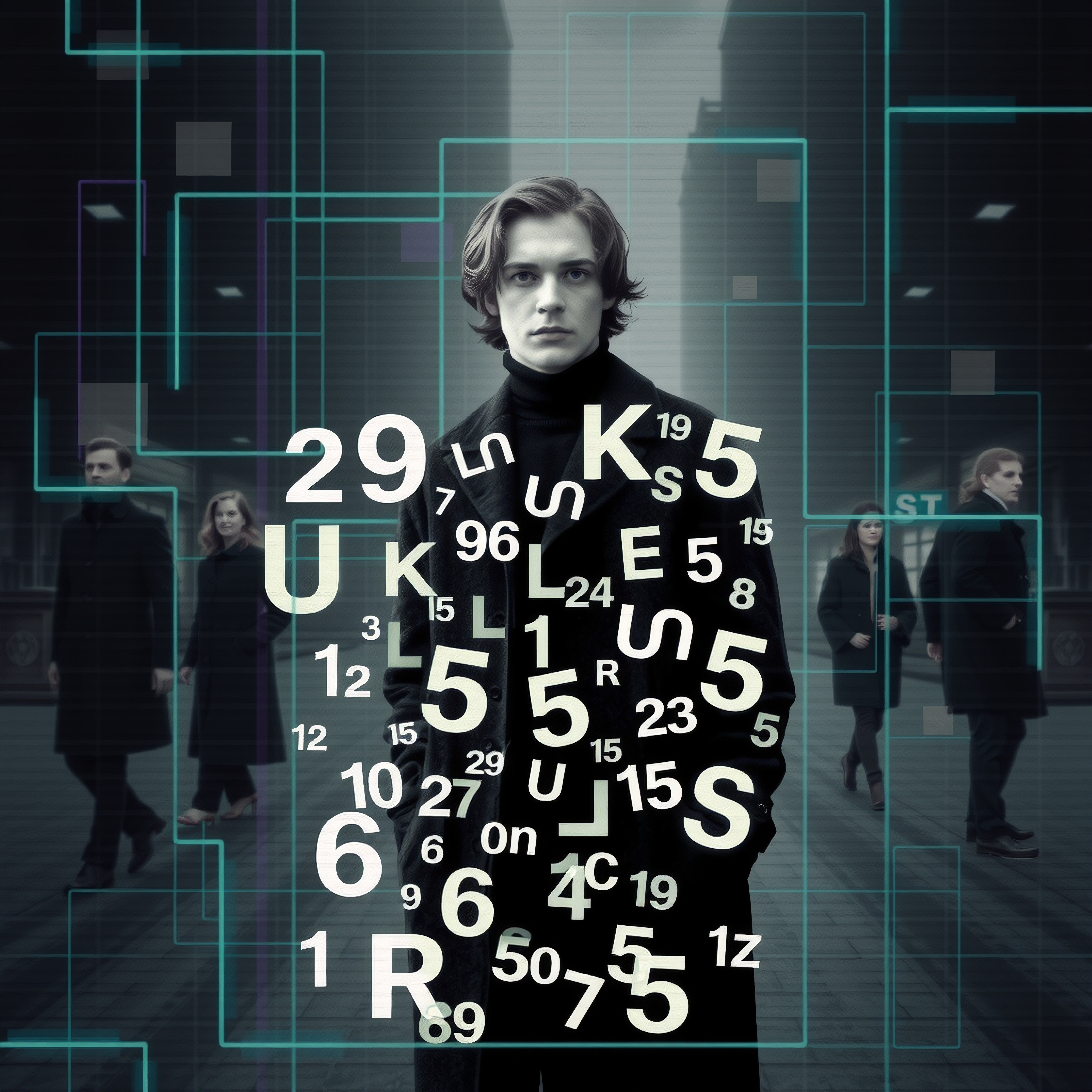 A thoughtful man in a black coat stands amidst floating holographic numbers and symbols in a futuristic cityscape.
