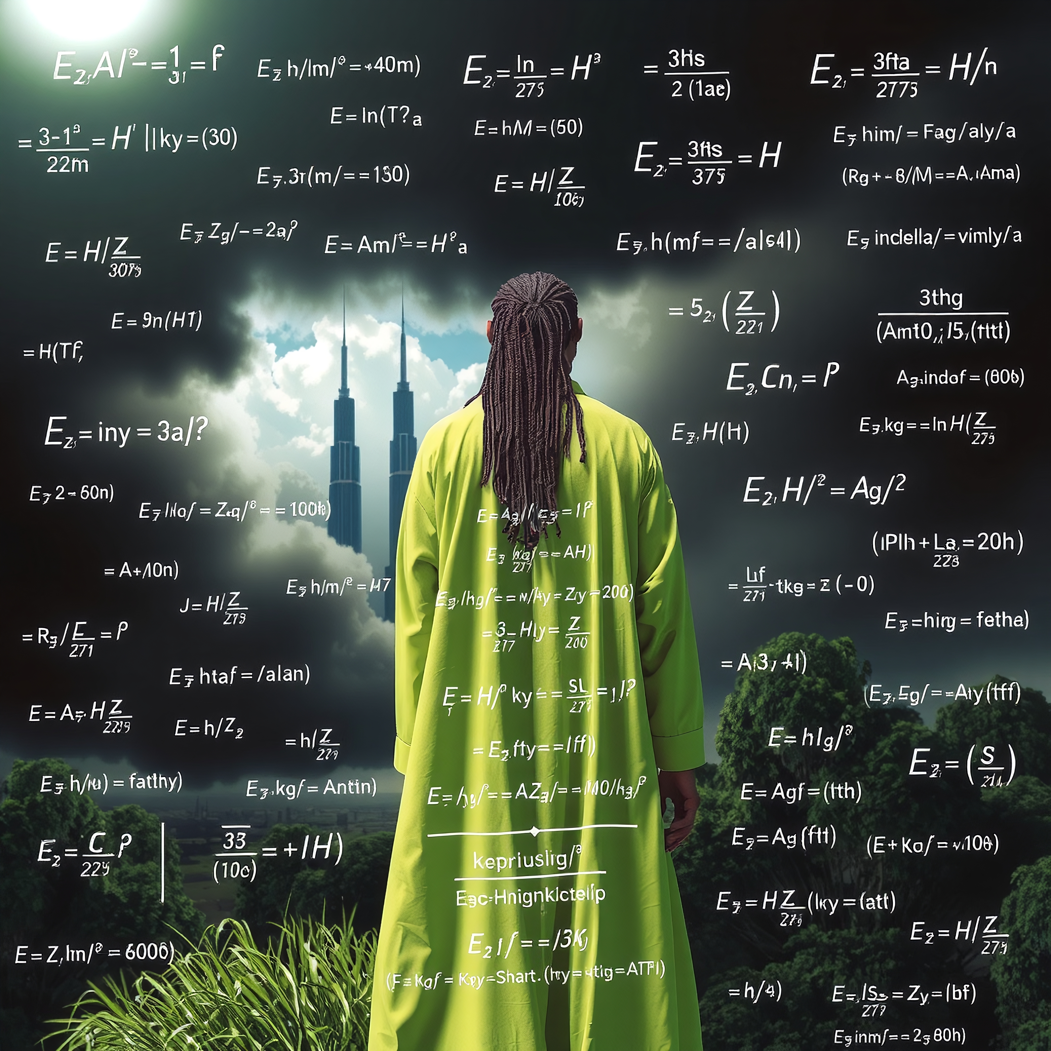 A person contemplates mathematical equations with skyscrapers in the background.