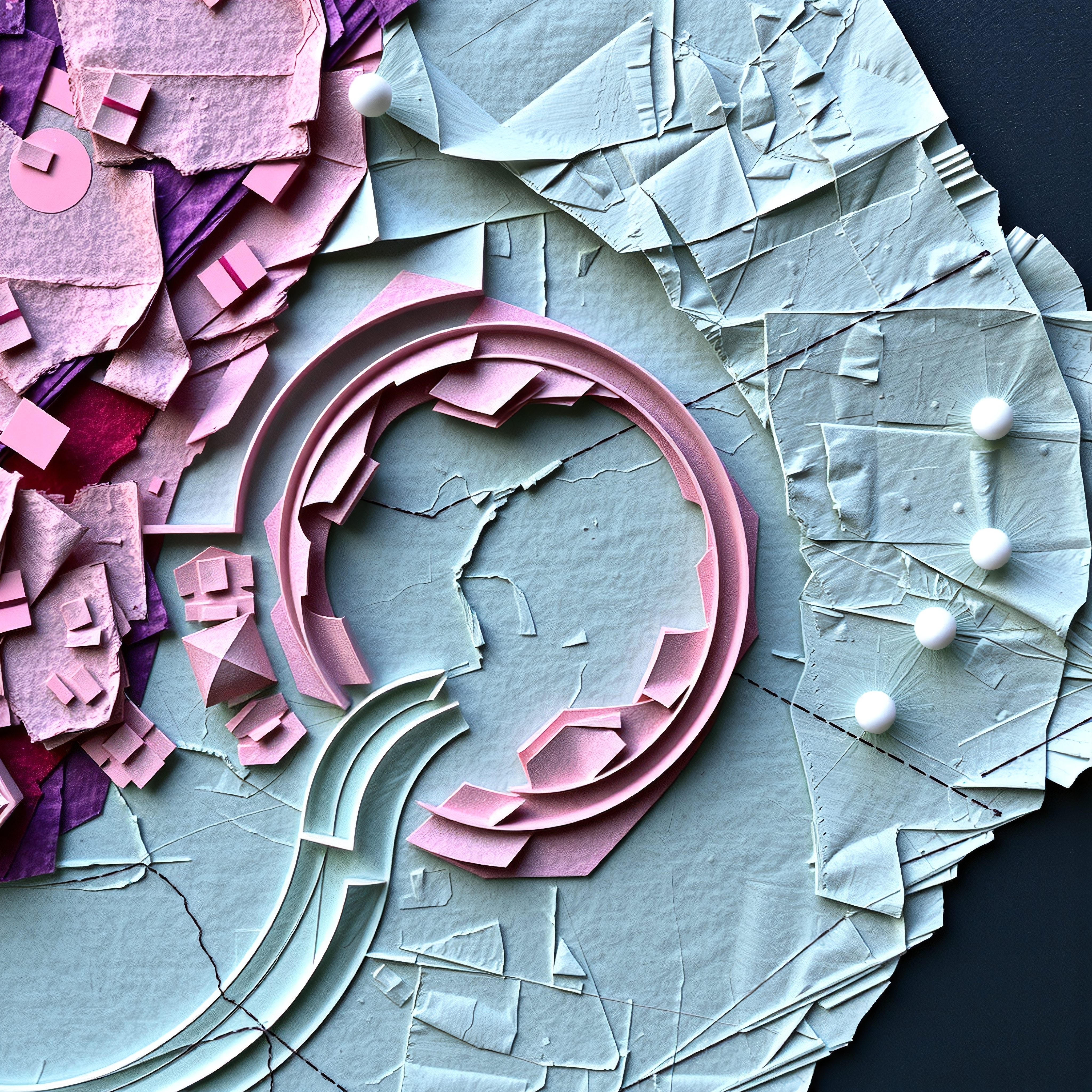 Abstract art collage with layered textures, featuring pink circular elements and pastel shades.