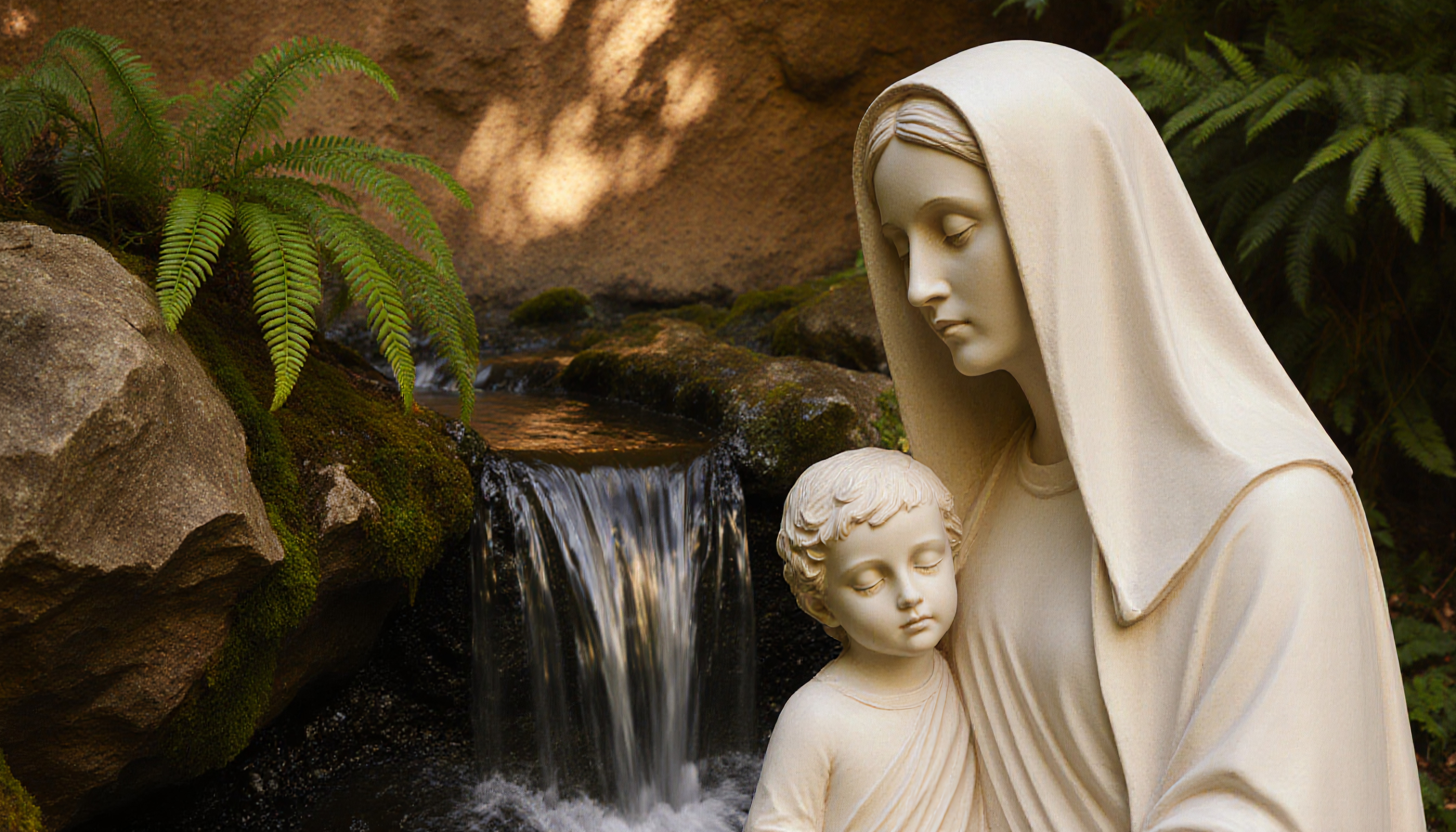A tranquil statue of a woman and child by a waterfall surrounded by lush greenery.