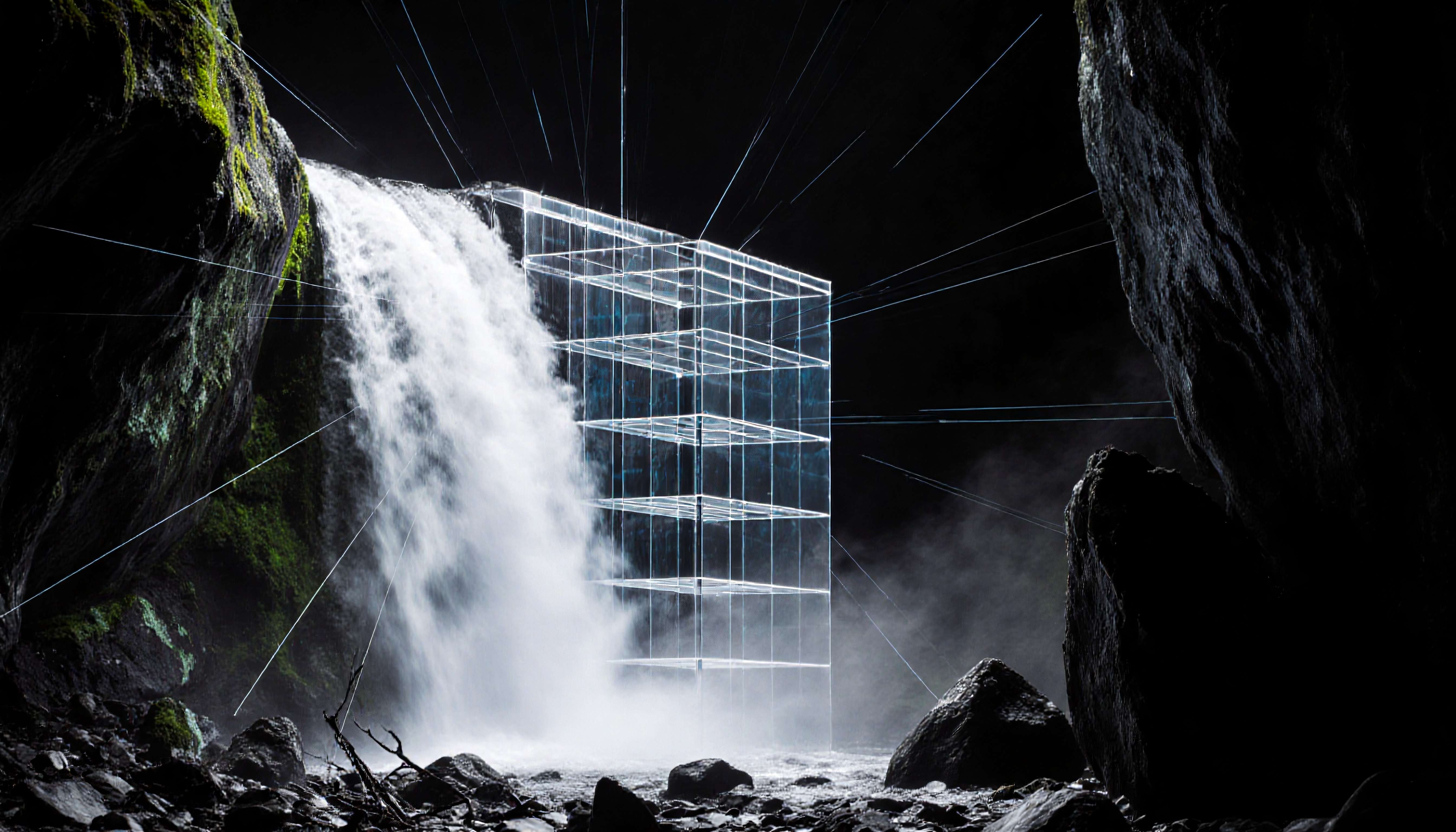 A grid-like glass structure contrasts against a powerful cascade of a waterfall set within mossy cliffs.